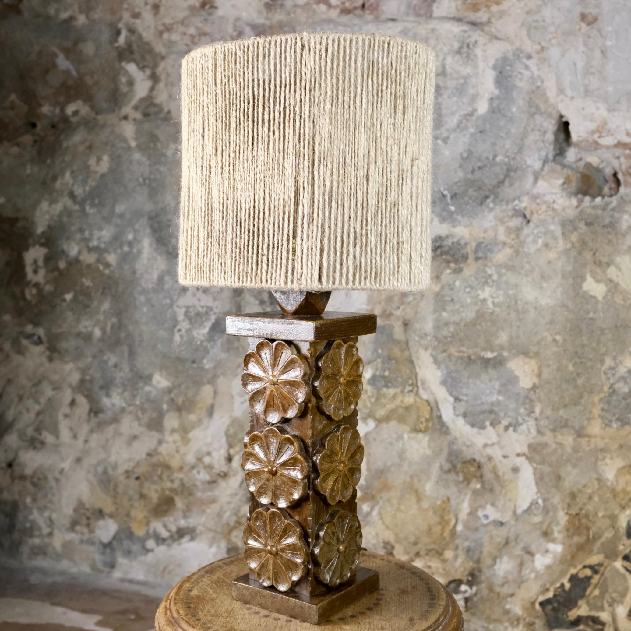 Mid-Century Modern Carved wood flower table lamp from Bretagne, France, 1950s