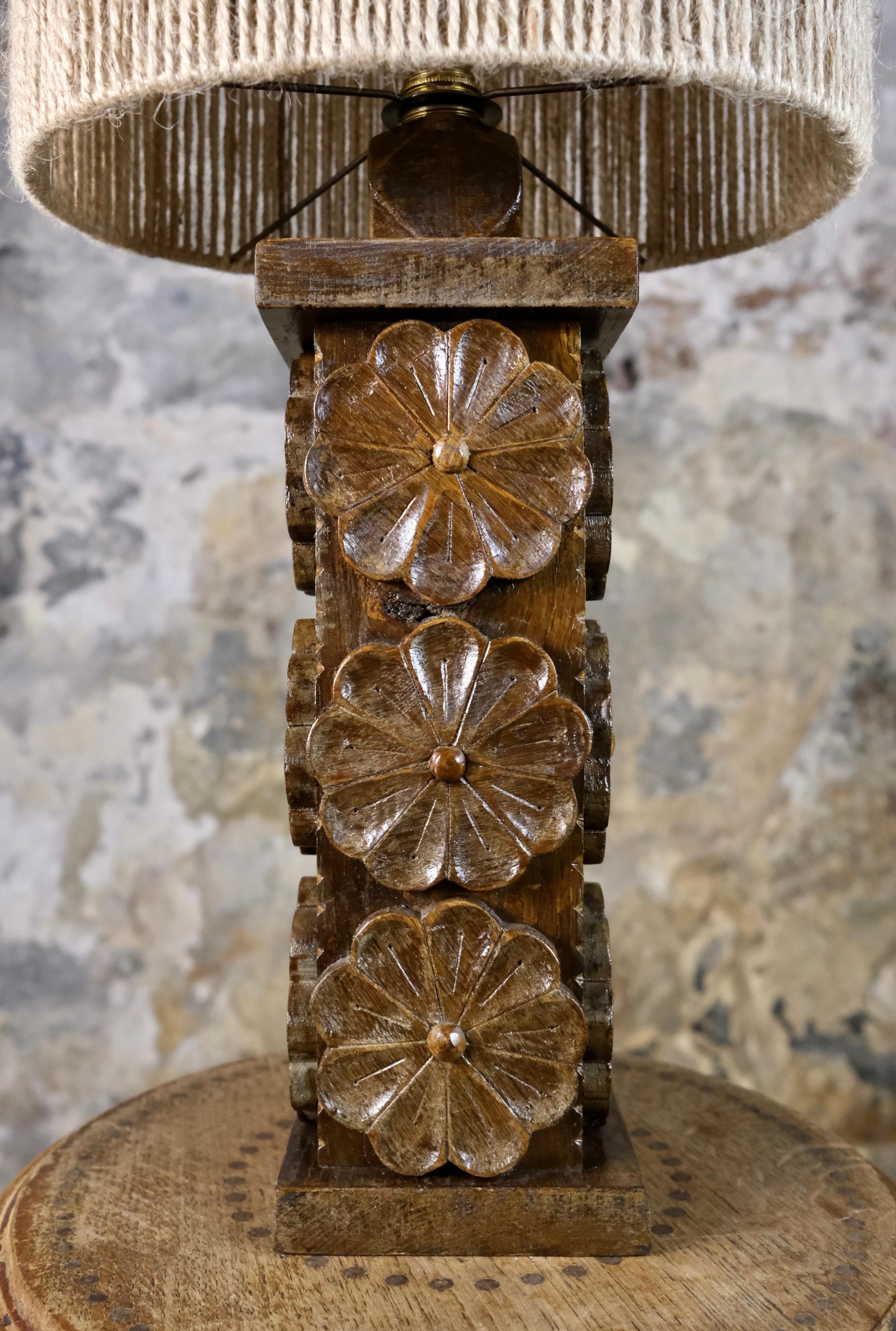 French Carved wood flower table lamp from Bretagne, France, 1950s