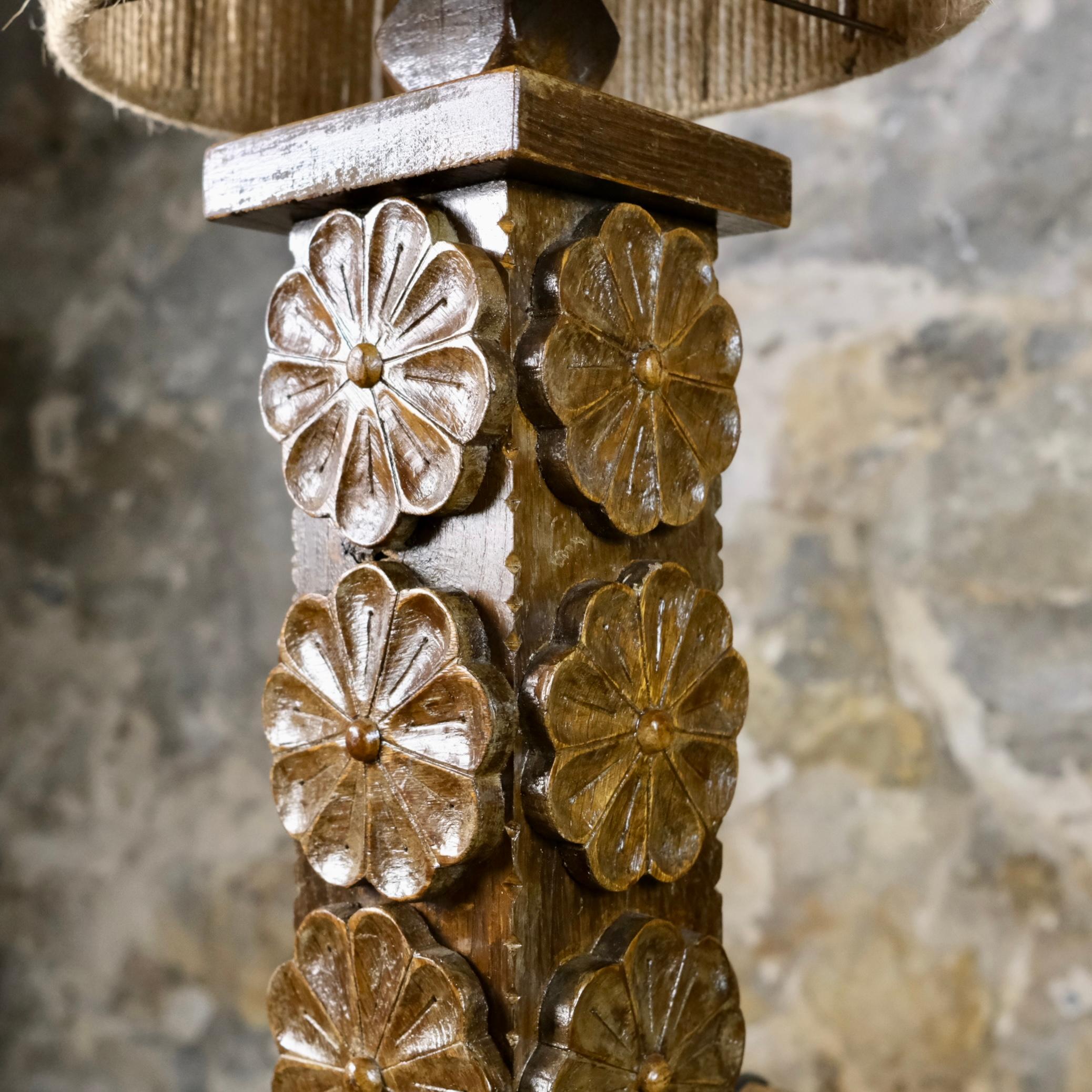 Burlap Carved wood flower table lamp from Bretagne, France, 1950s