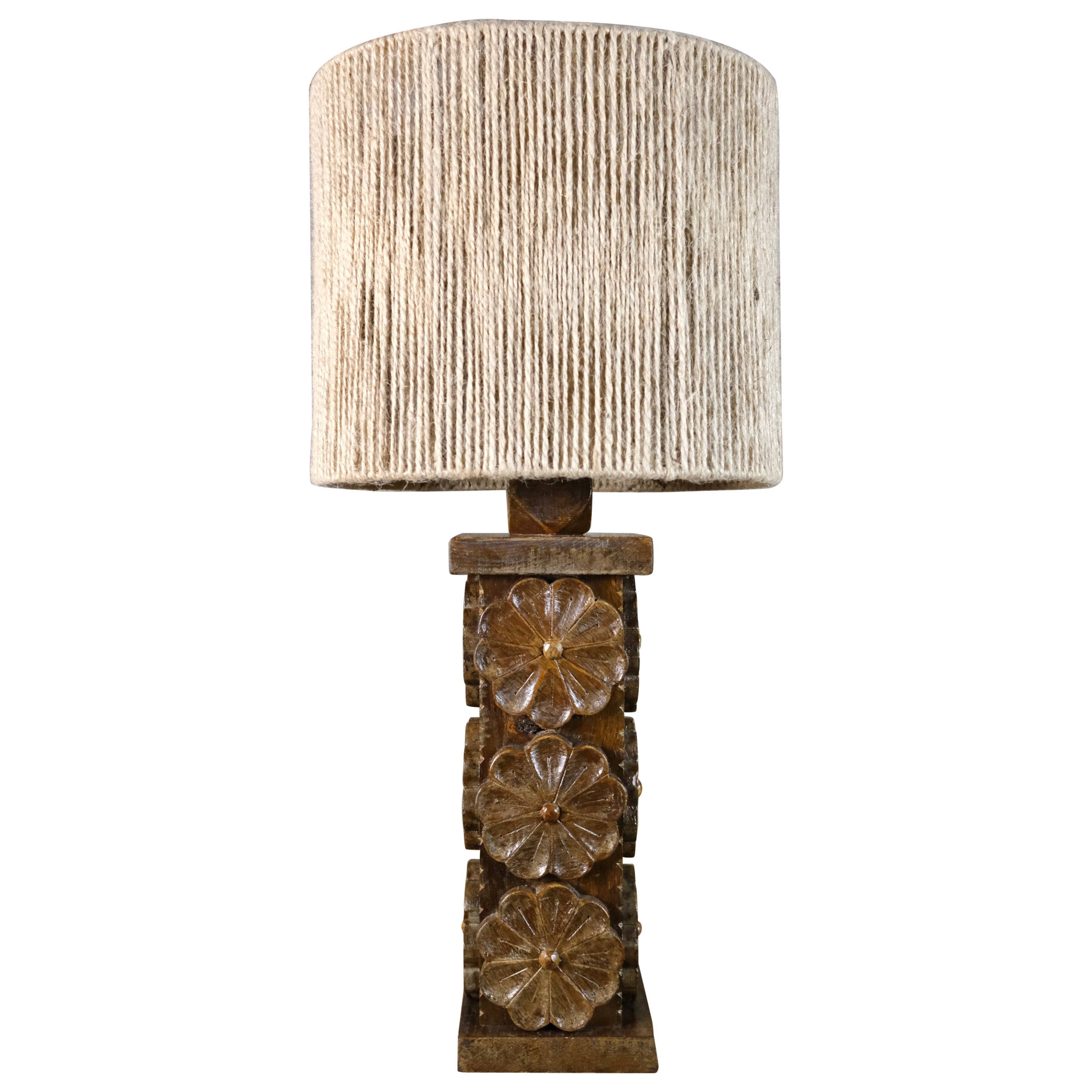 Carved wood flower table lamp from Bretagne, France, 1950s