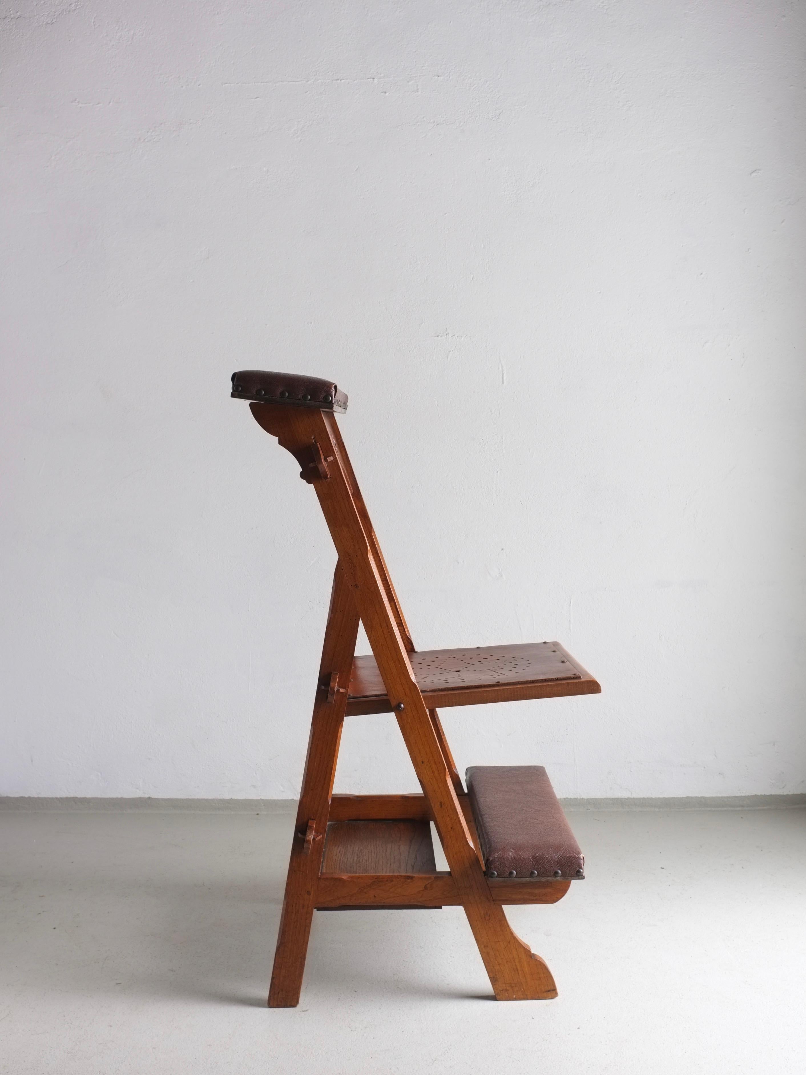 Rustic Carved Wood Folding Chair with Shelf, Netherlands, 1950s