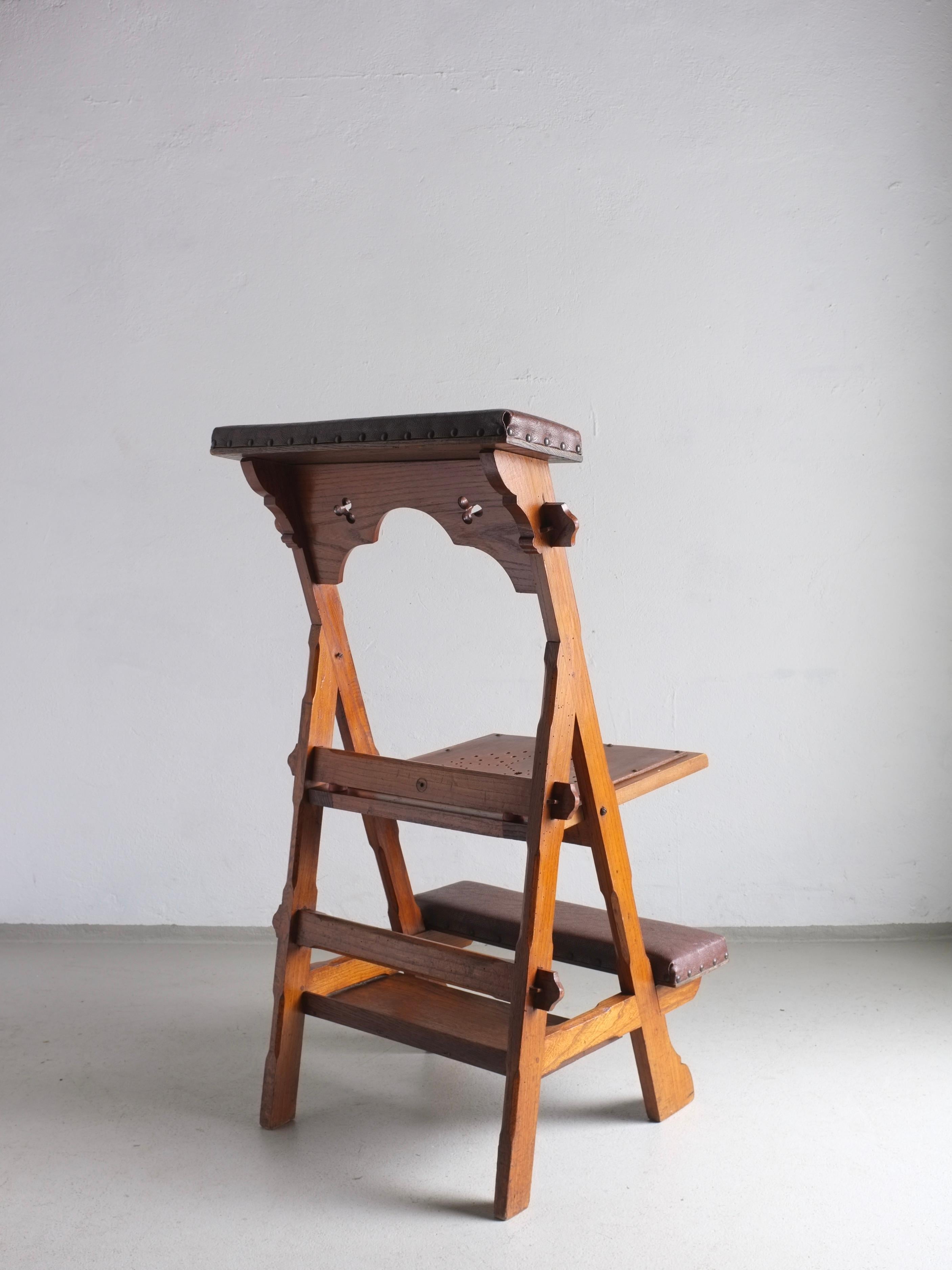 Dutch Carved Wood Folding Chair with Shelf, Netherlands, 1950s