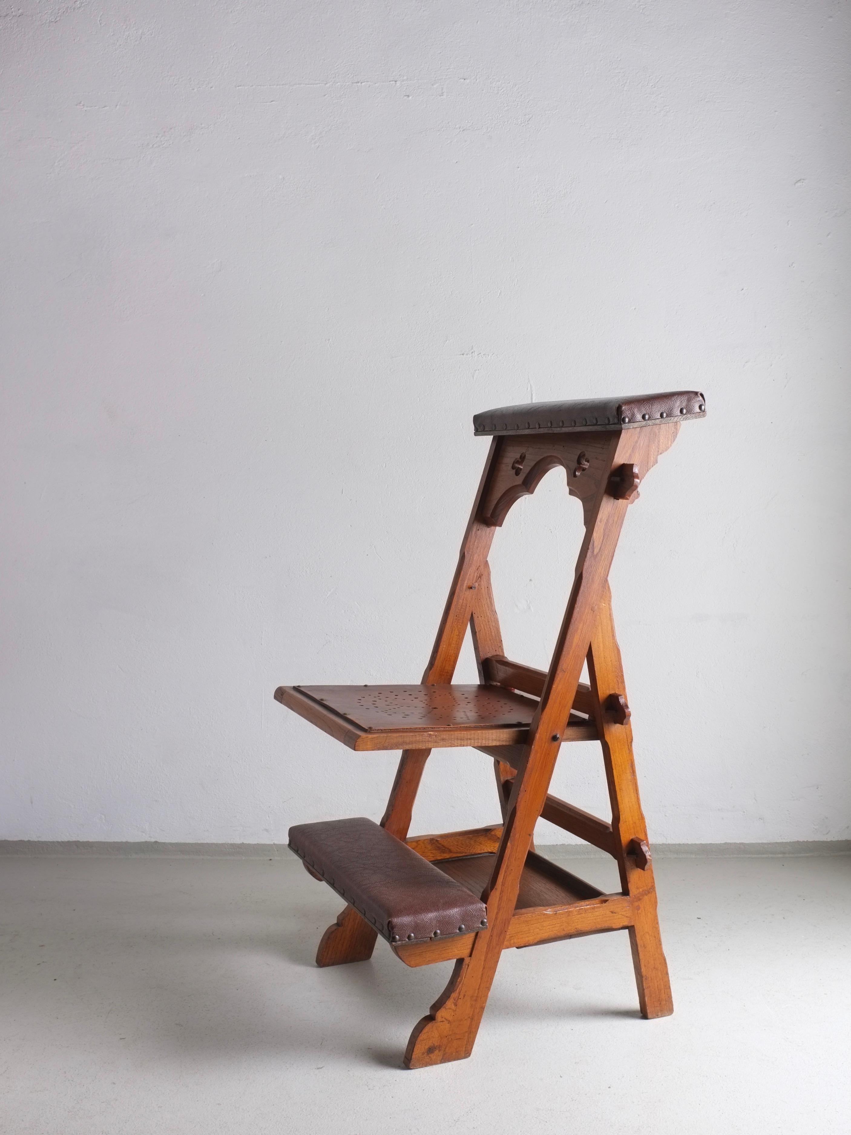 Mid-20th Century Carved Wood Folding Chair with Shelf, Netherlands, 1950s