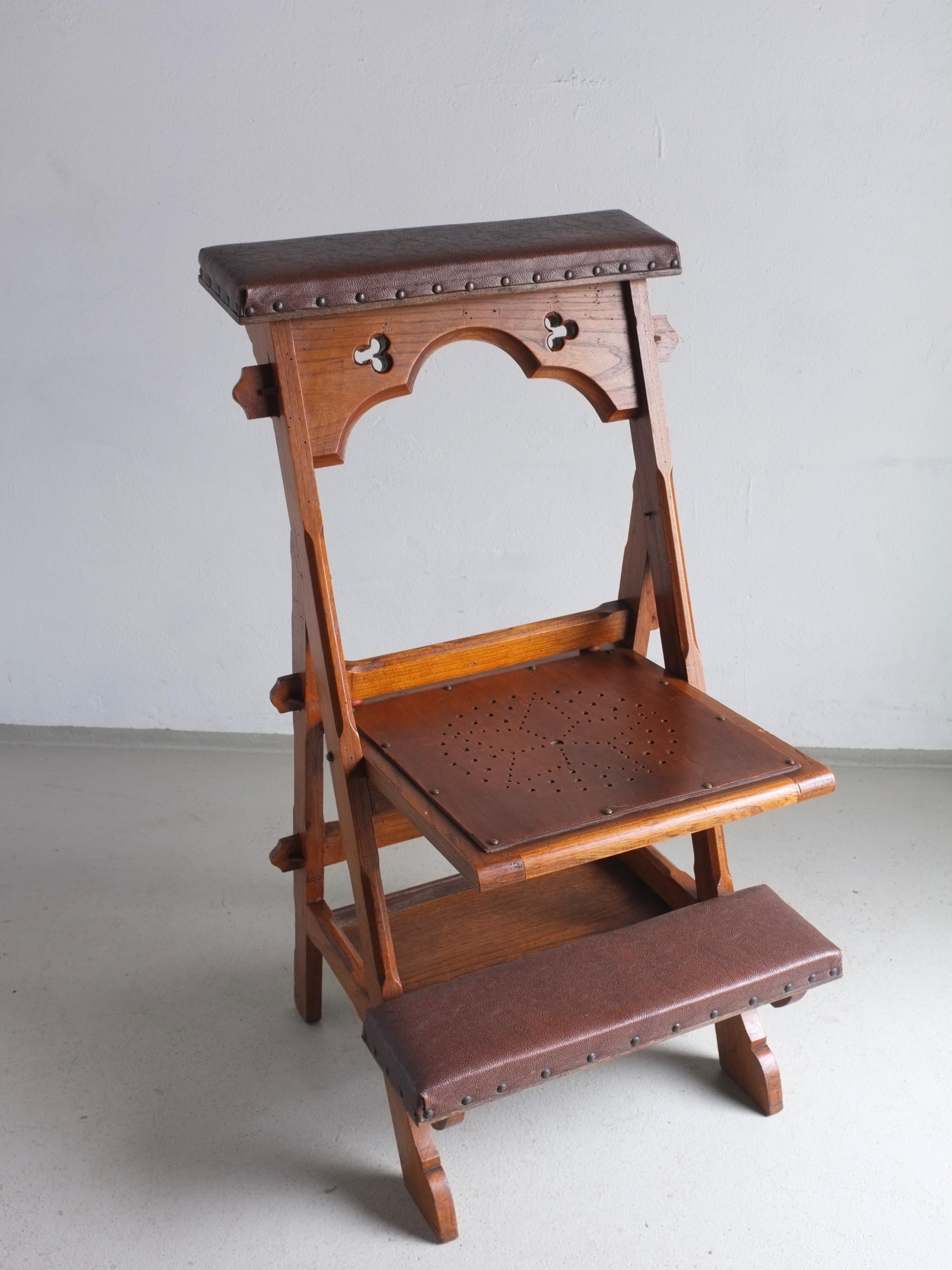Faux Leather Carved Wood Folding Chair with Shelf, Netherlands, 1950s