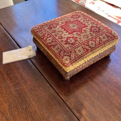 Carved Wood Footstool Upholstered with Antique Rug Fragment, Ex. Iris Apfel