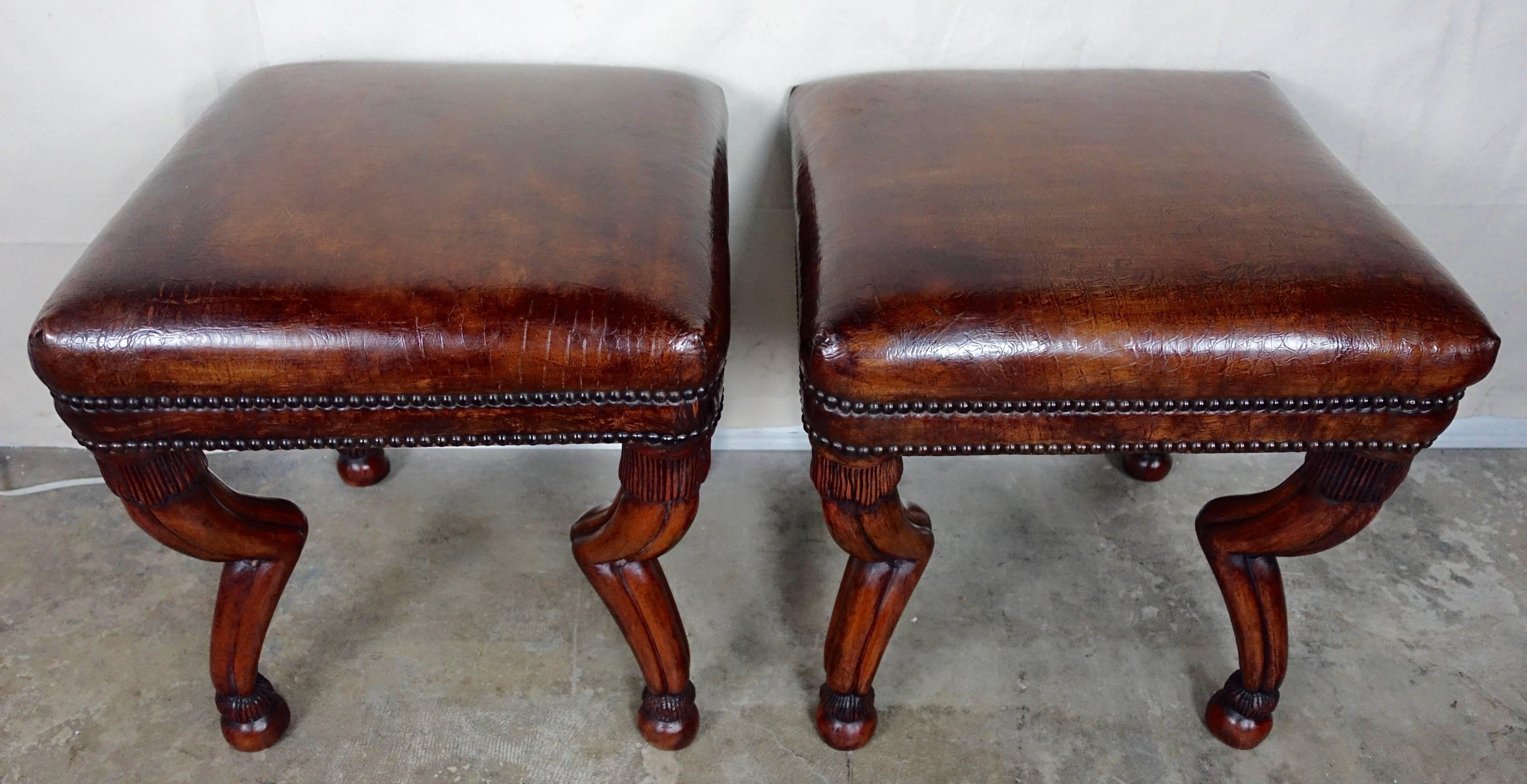Other Carved Wood Gazelle Embossed Leather Benches, Pair