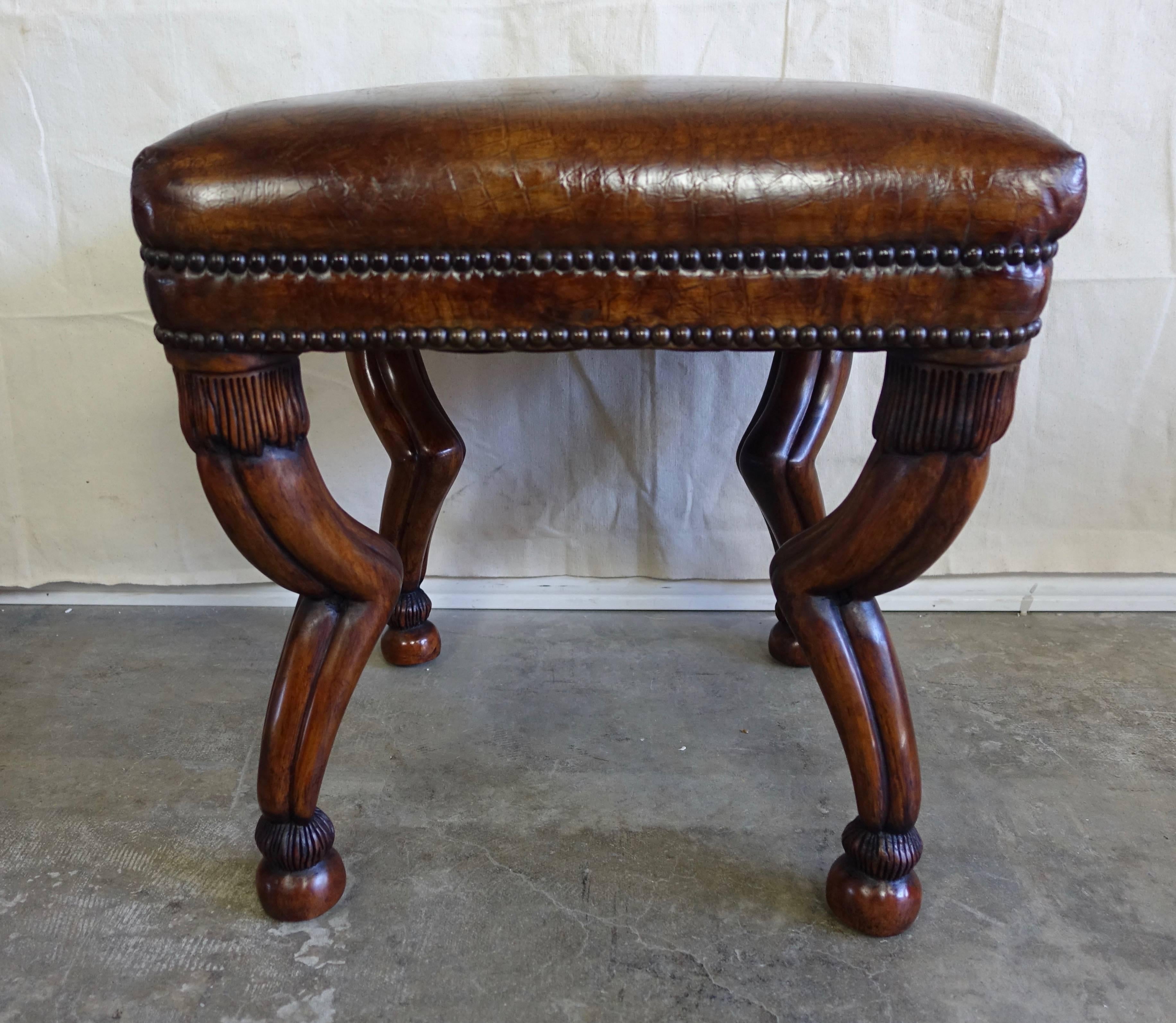 American Carved Wood Gazelle Embossed Leather Benches, Pair