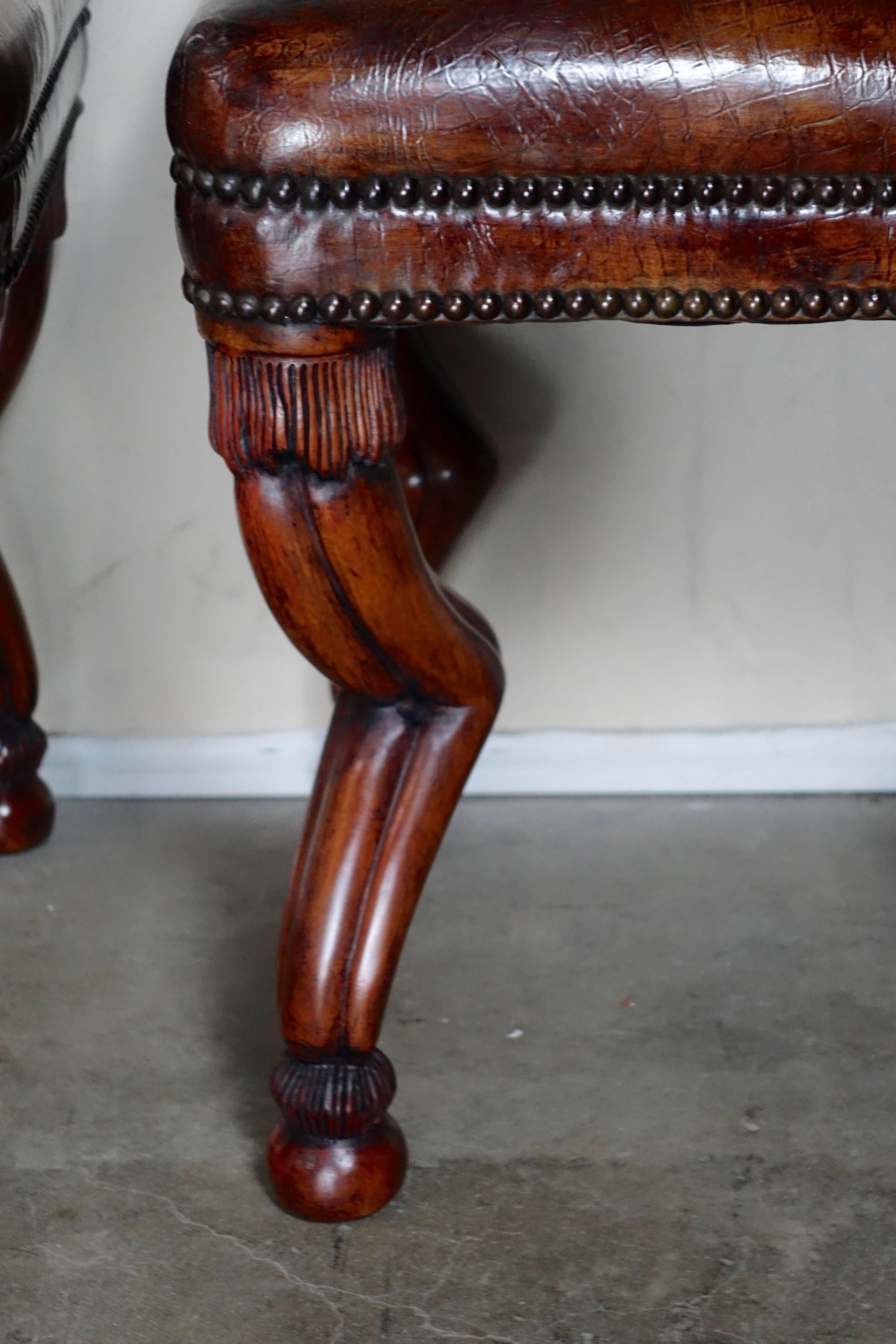 Hand-Carved Carved Wood Gazelle Embossed Leather Benches, Pair