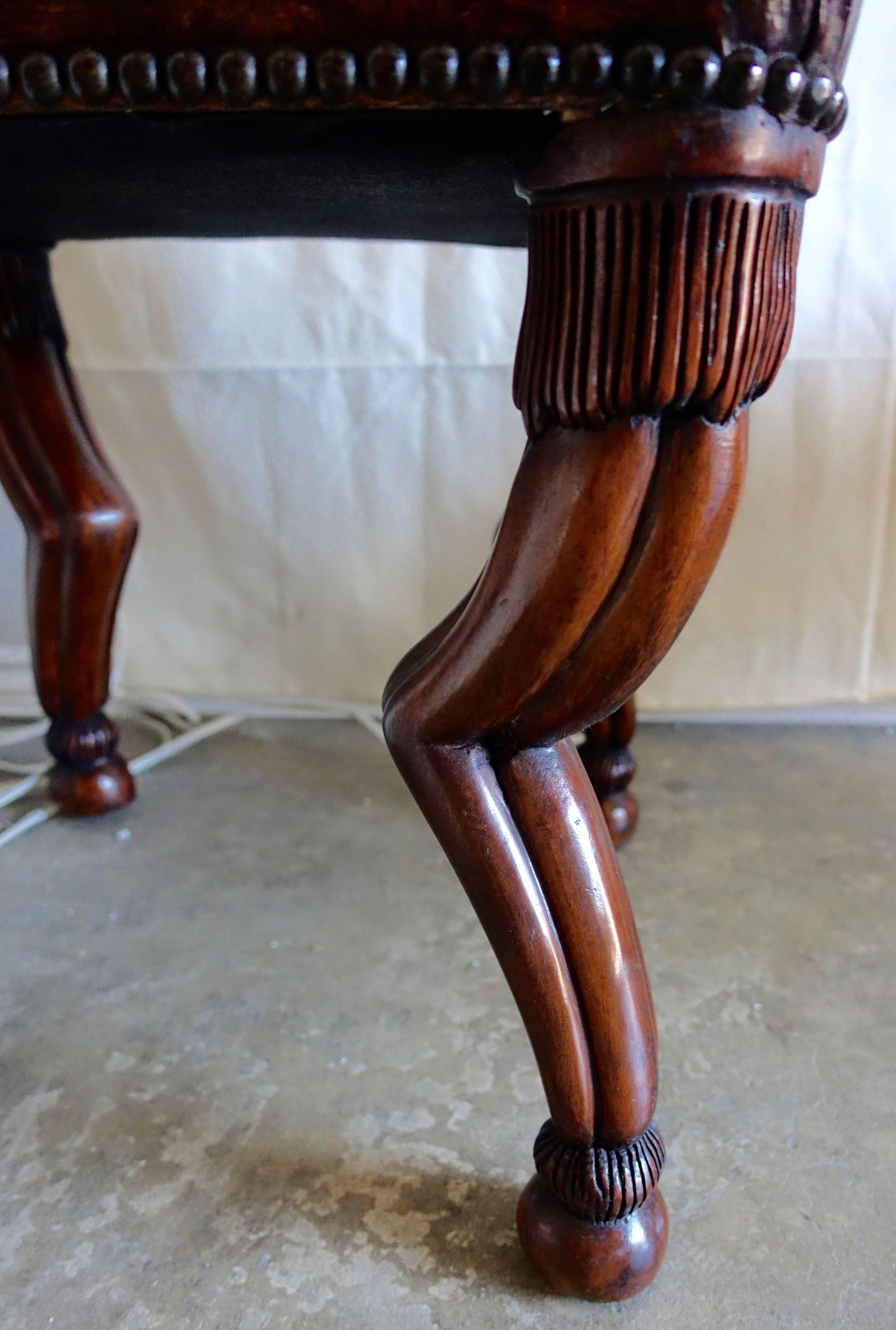 Carved Wood Gazelle Embossed Leather Benches, Pair 2