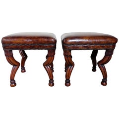 Carved Wood Gazelle Embossed Leather Benches, Pair