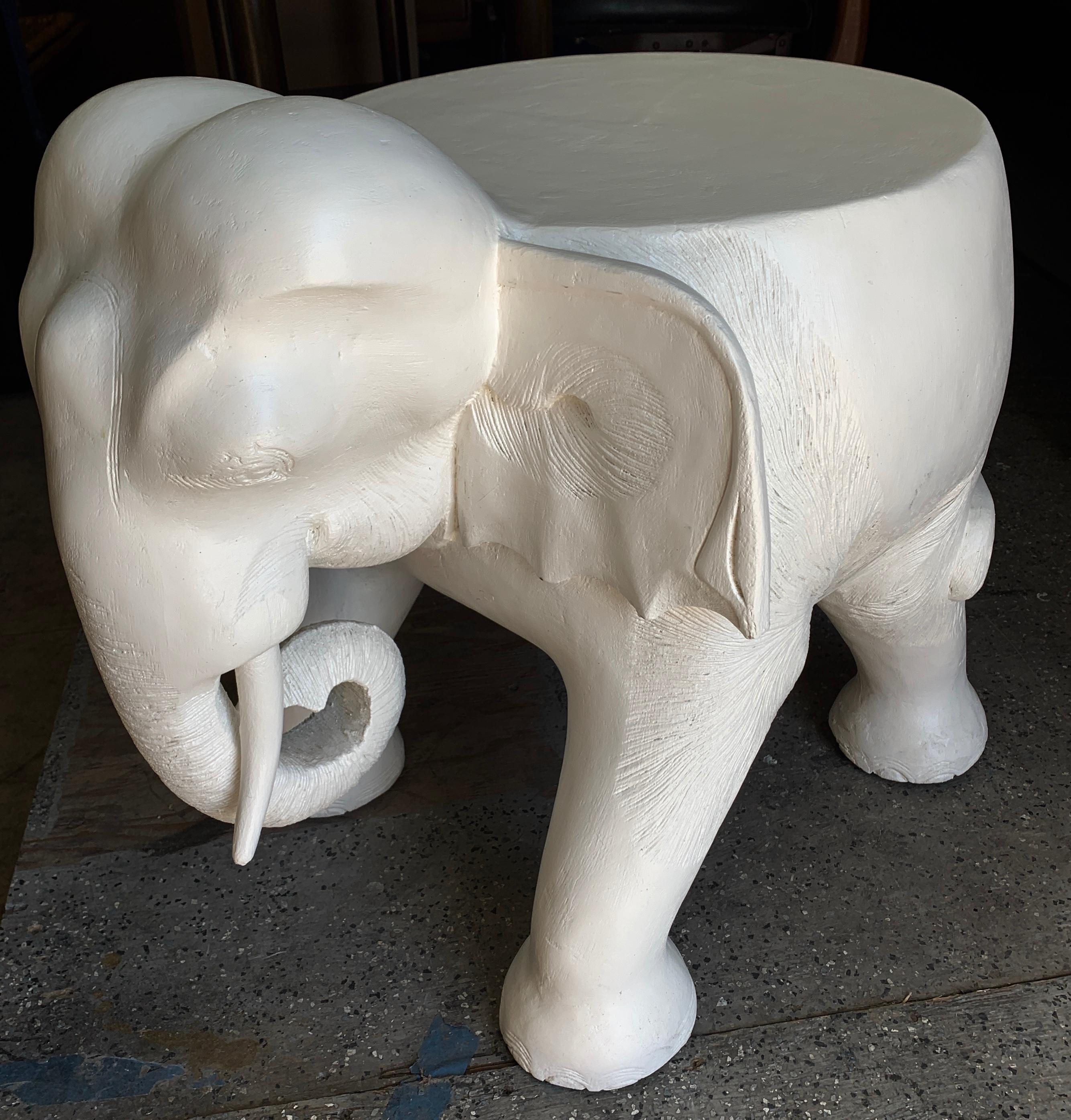 Organic Modern Carved Wood Gesso Elephant Side Table or Ottoman