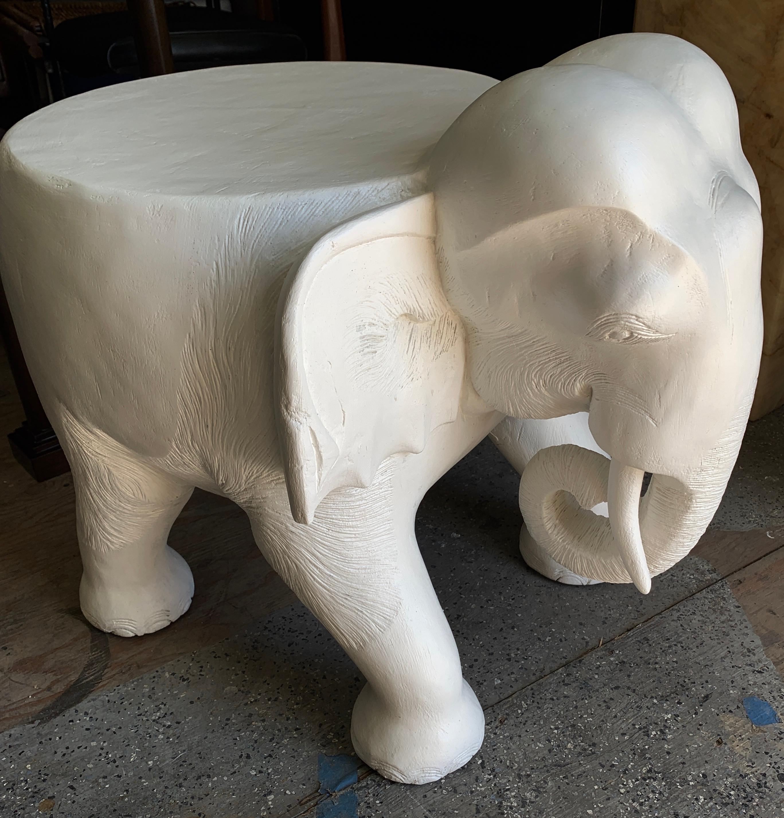 Hand-Carved Carved Wood Gesso Elephant Side Table or Ottoman