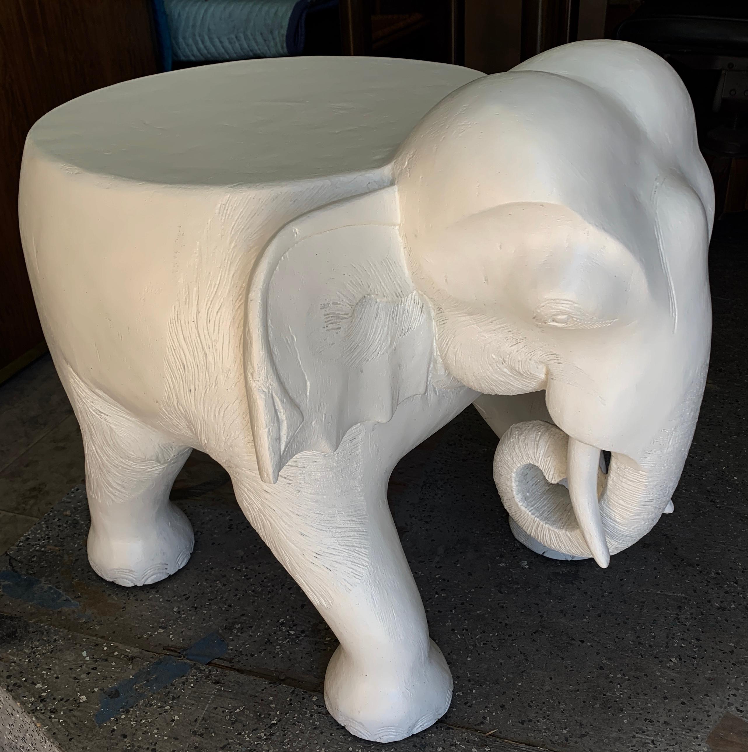 20th Century Carved Wood Gesso Elephant Side Table or Ottoman