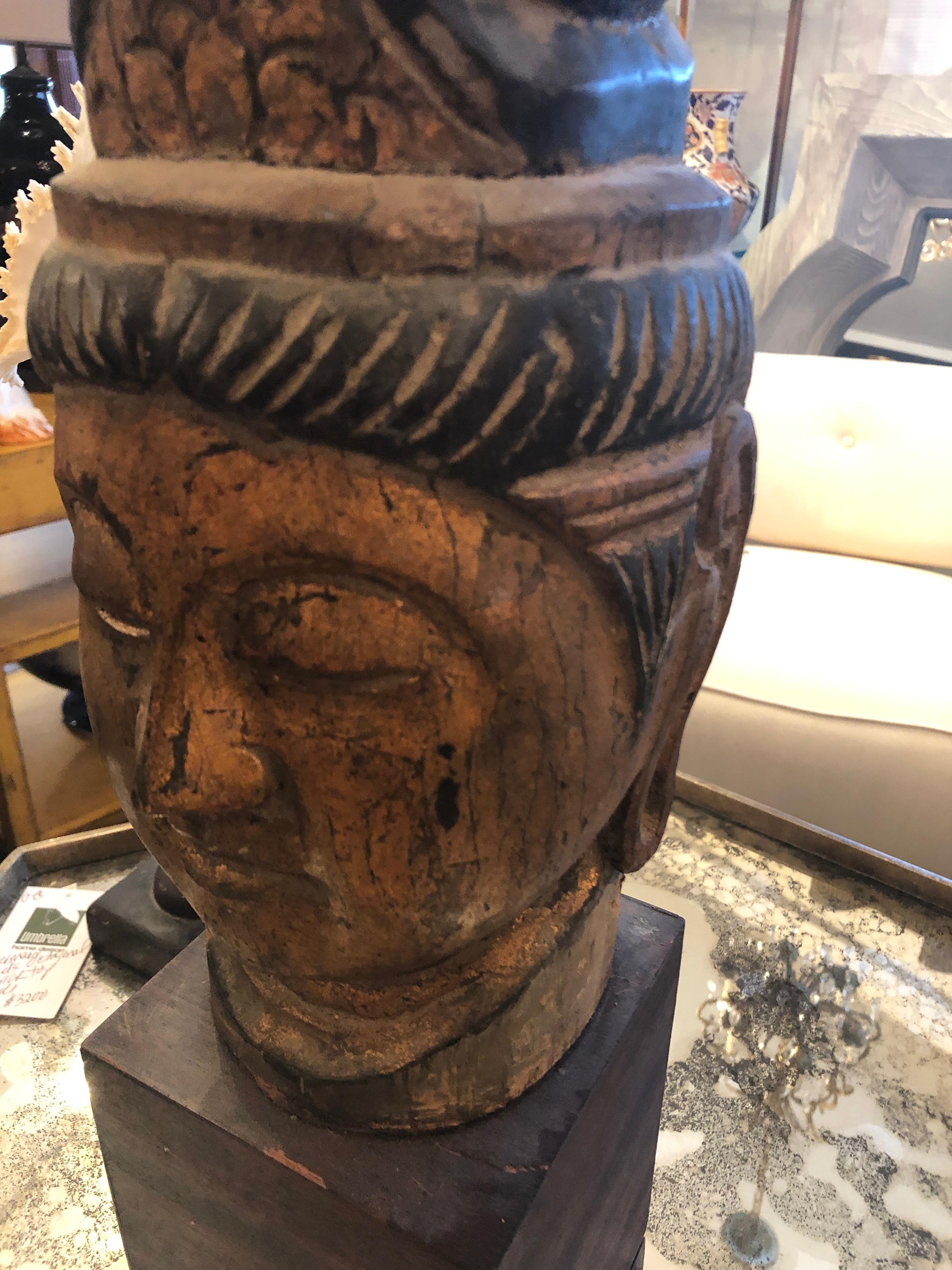 Carved Wood Gilded Asian Bust on Ebonized Wood Base In Excellent Condition In Hopewell, NJ