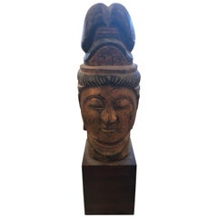 Carved Wood Gilded Asian Bust on Ebonized Wood Base