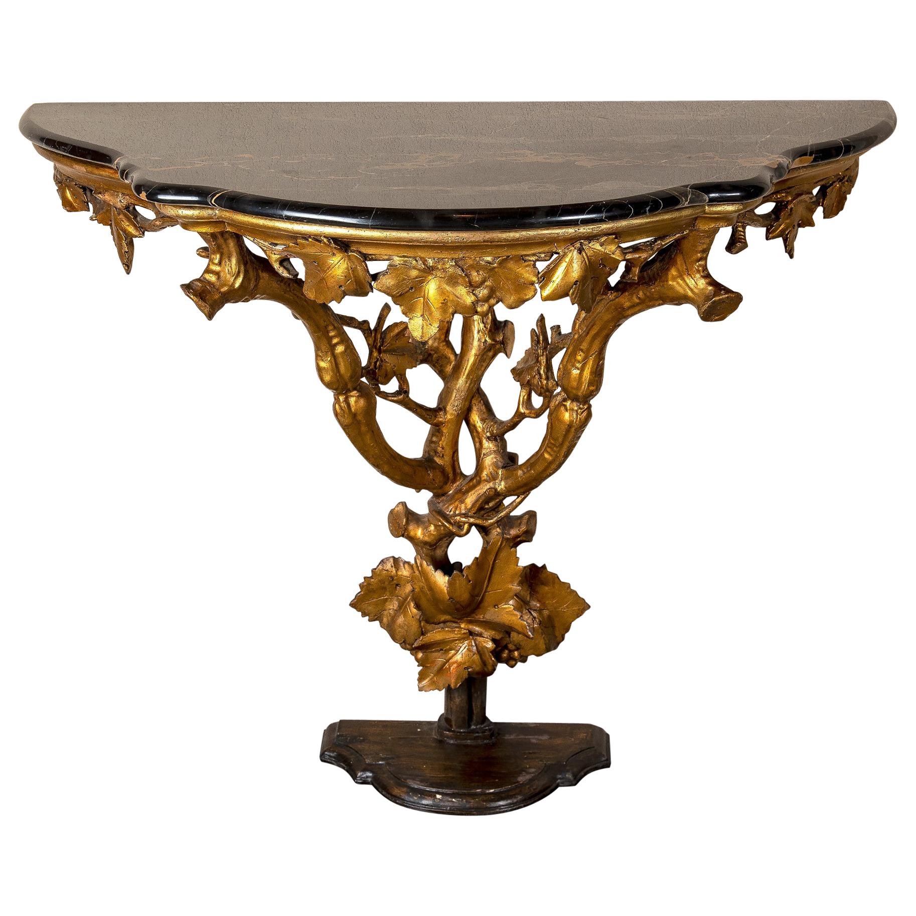 Carved Wood, Gold Leaf and Portoro Marble Console, Italy, Late 19th Century For Sale