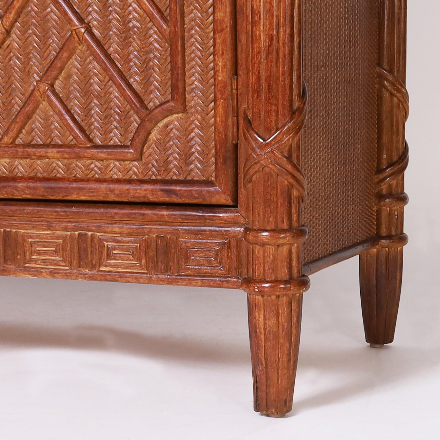 Hardwood Carved Wood, Grasscloth, and Pen Shell Sideboard or Buffet For Sale