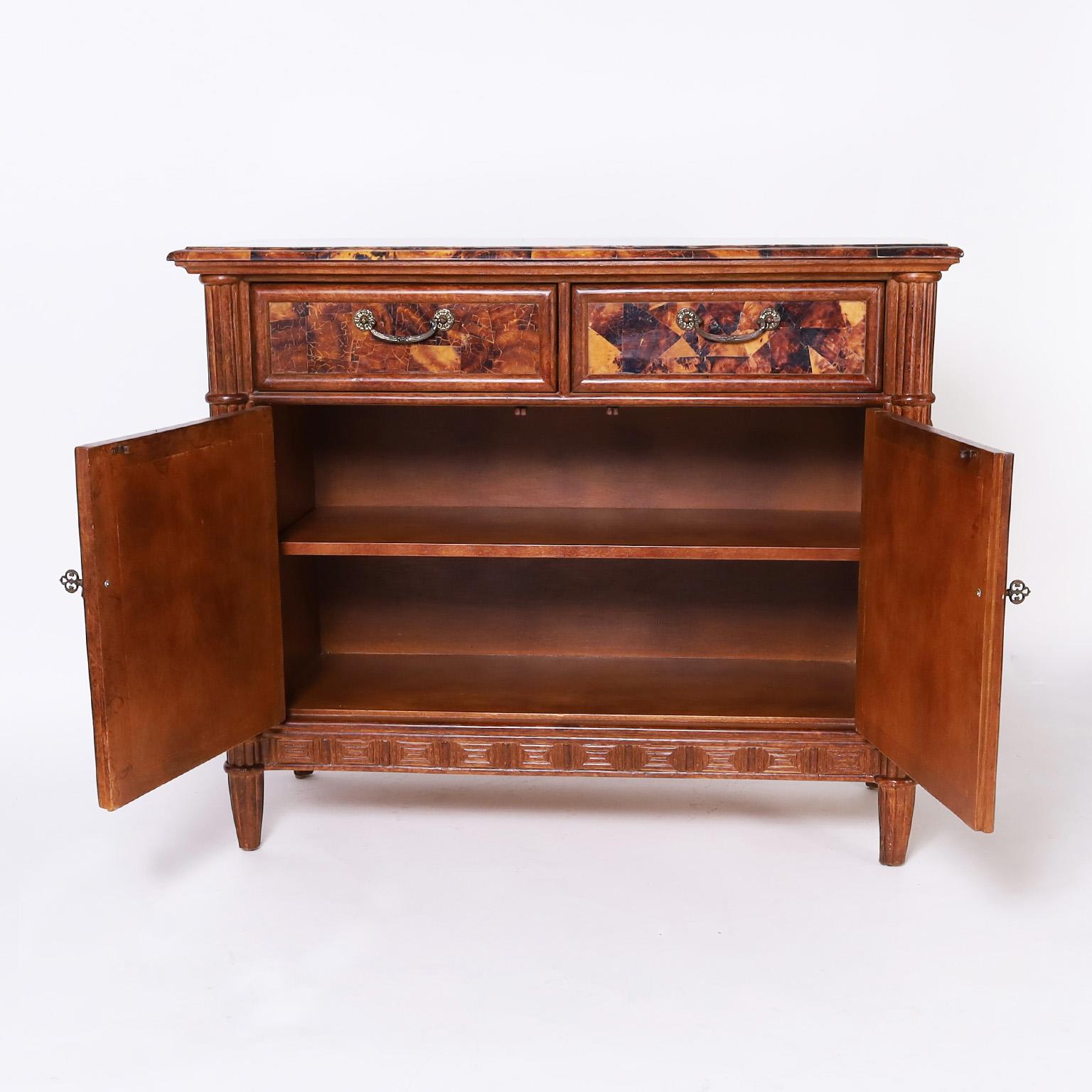 20th Century Carved Wood, Grasscloth, and Pen Shell Sideboard or Buffet For Sale