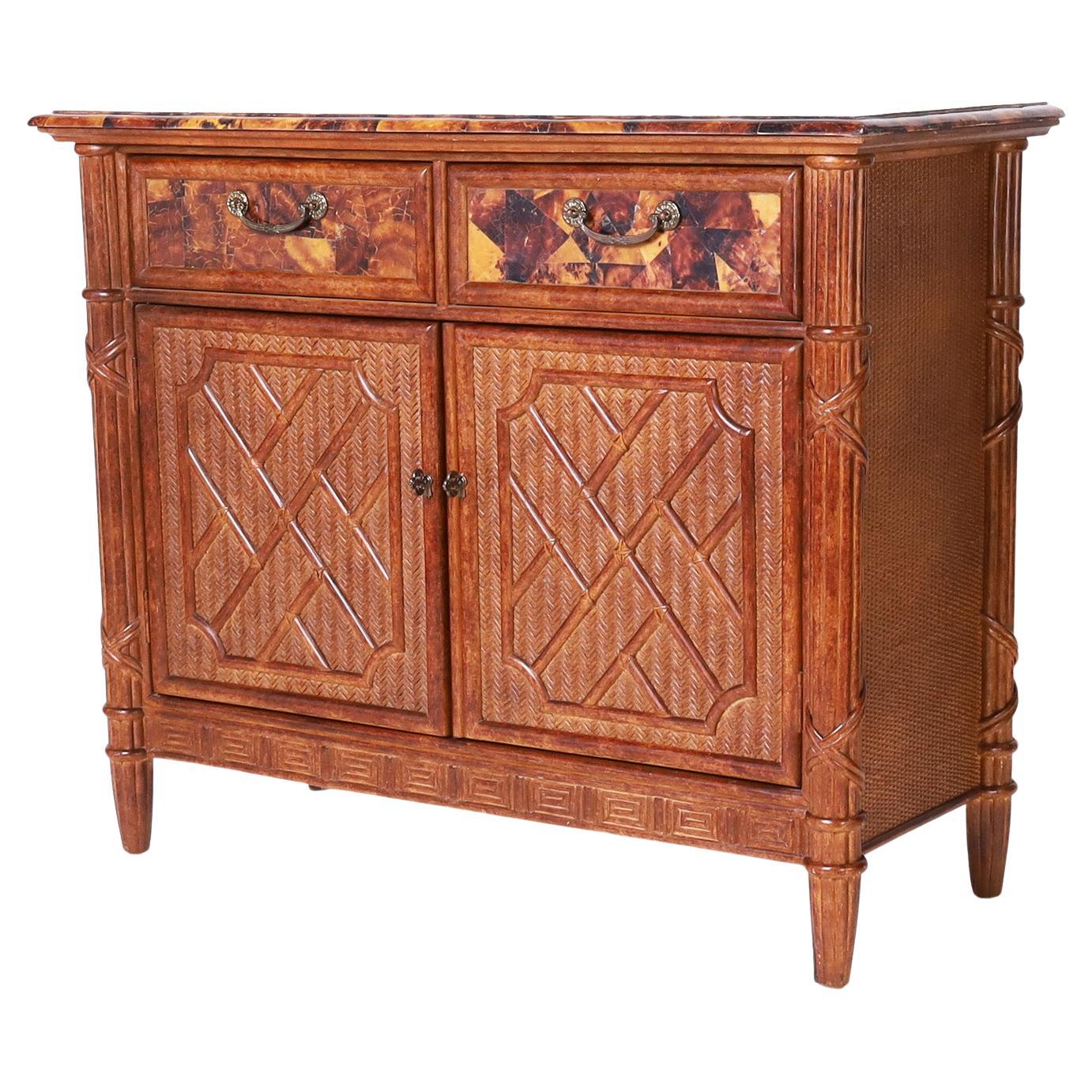 Carved Wood, Grasscloth, and Pen Shell Sideboard or Buffet For Sale