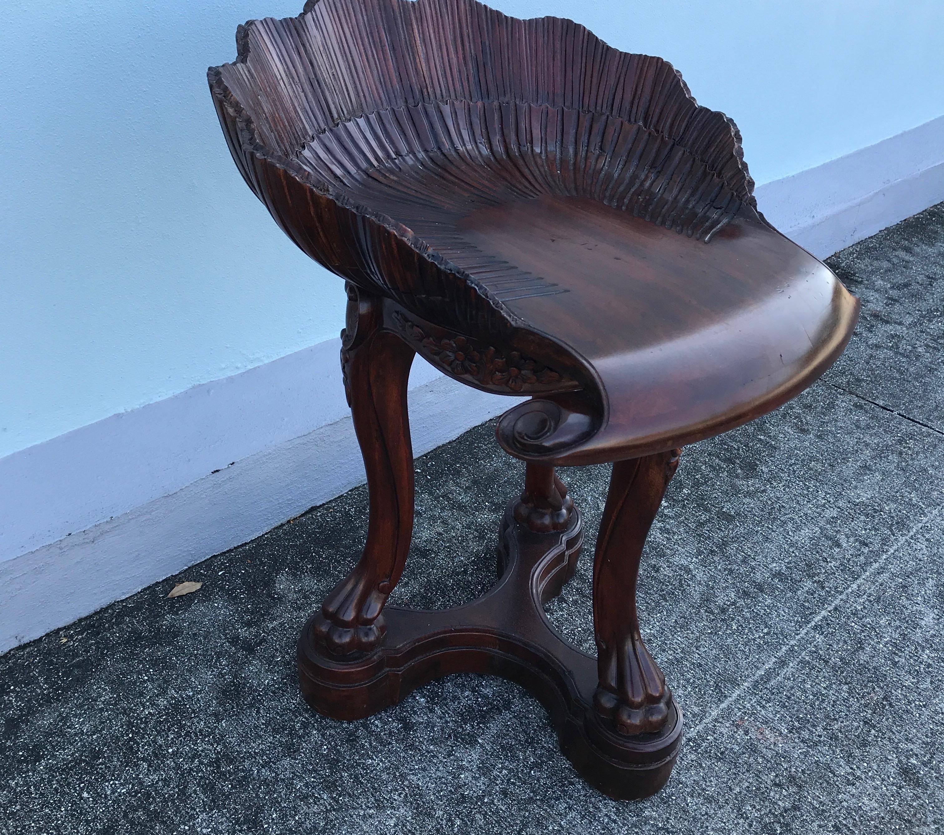 Carved Wood Grotto Style Shell Stool In Good Condition In West Palm Beach, FL
