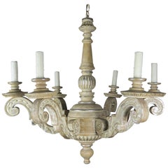 Antique Carved Wood Italian Painted and Silver Gilt 6-Light Chandelier