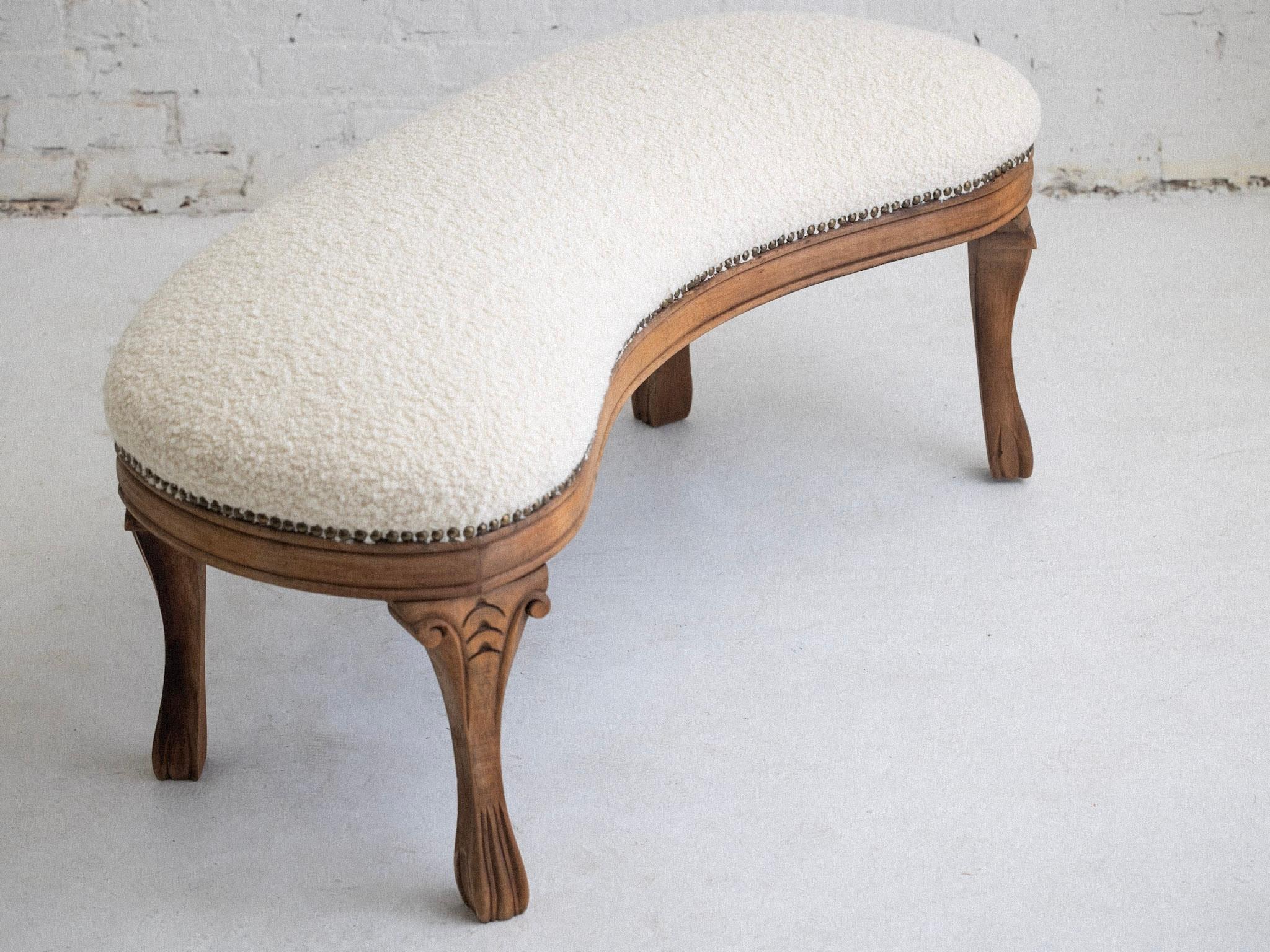 Carved Wood Kidney Shape Bench in Bouclé 4