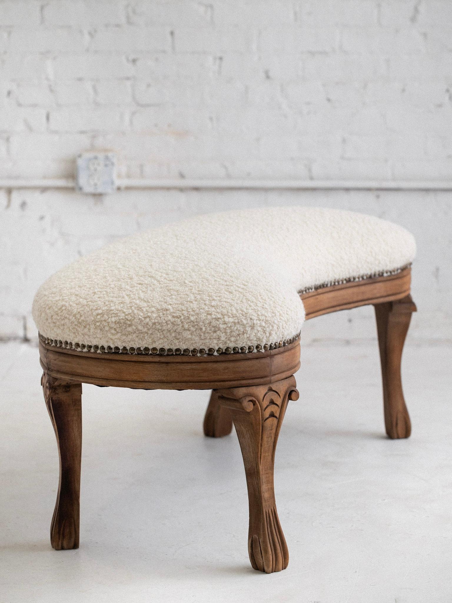 Art Deco Carved Wood Kidney Shape Bench in Bouclé