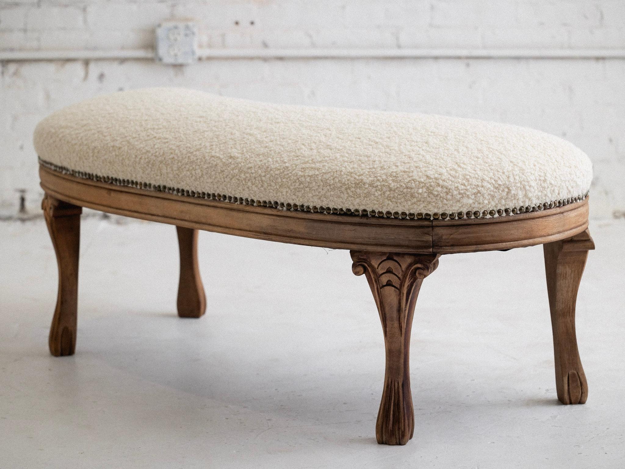 American Carved Wood Kidney Shape Bench in Bouclé