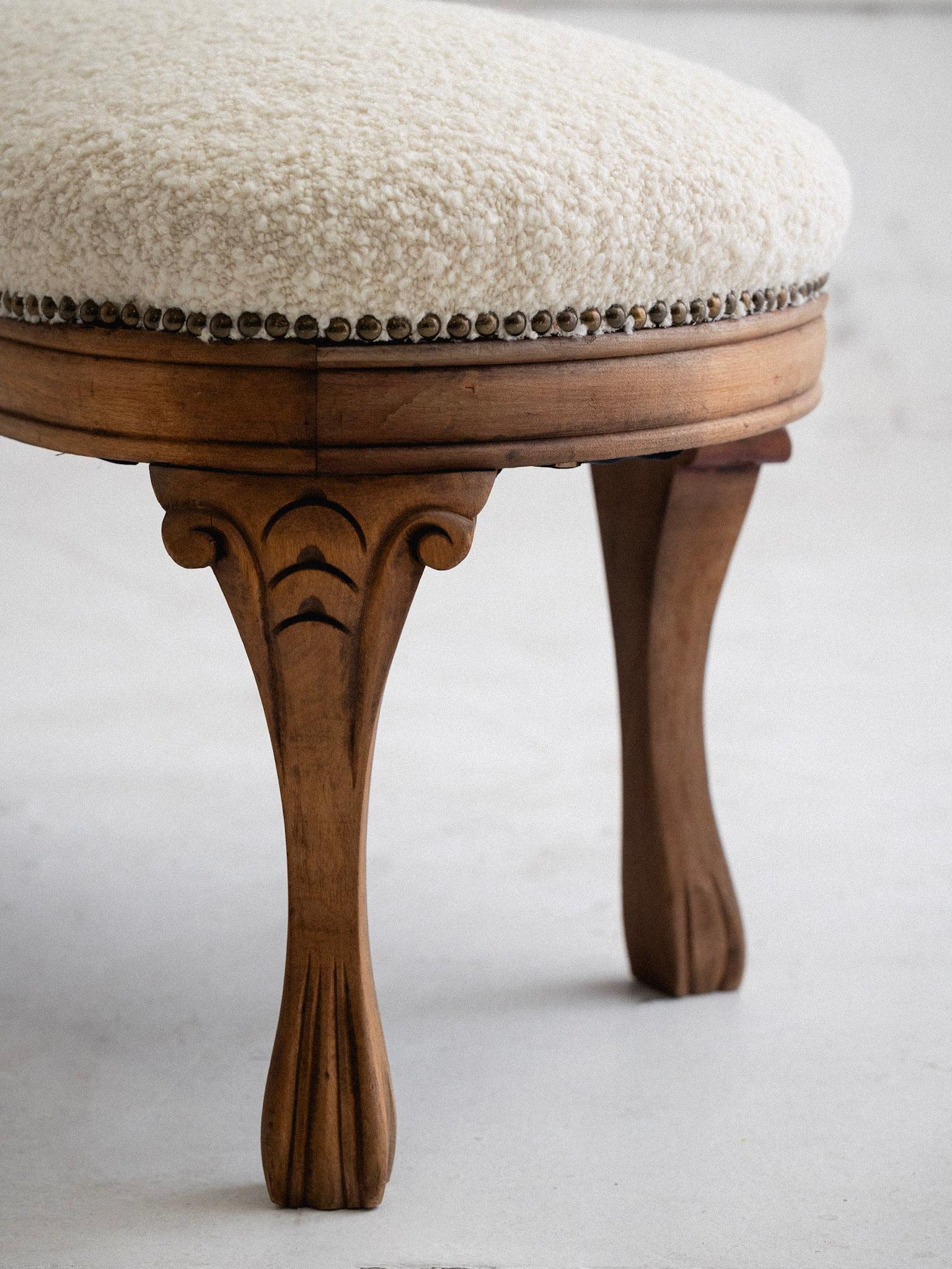 20th Century Carved Wood Kidney Shape Bench in Bouclé