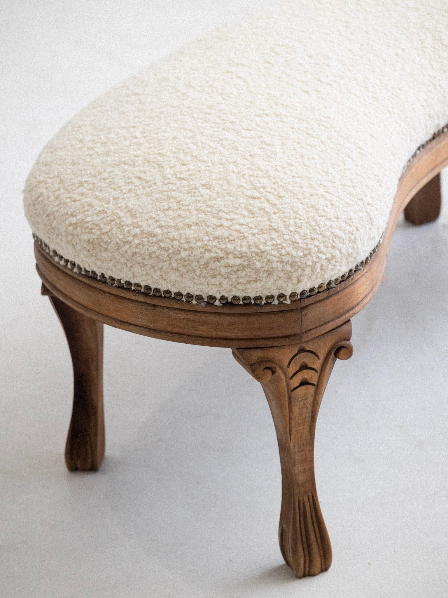 Carved Wood Kidney Shape Bench in Bouclé 3
