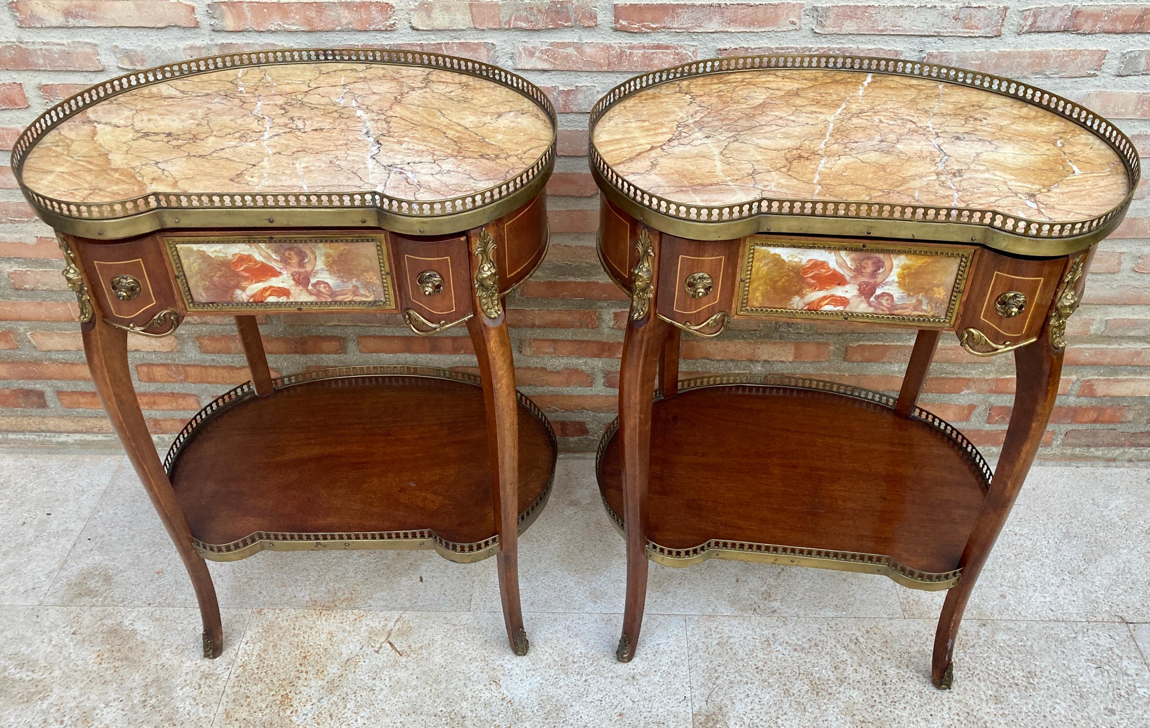 Louis XVI Carved Wood Kidney Shaped Bedside Tables with Bronze and Marble Top, Set of 2 For Sale