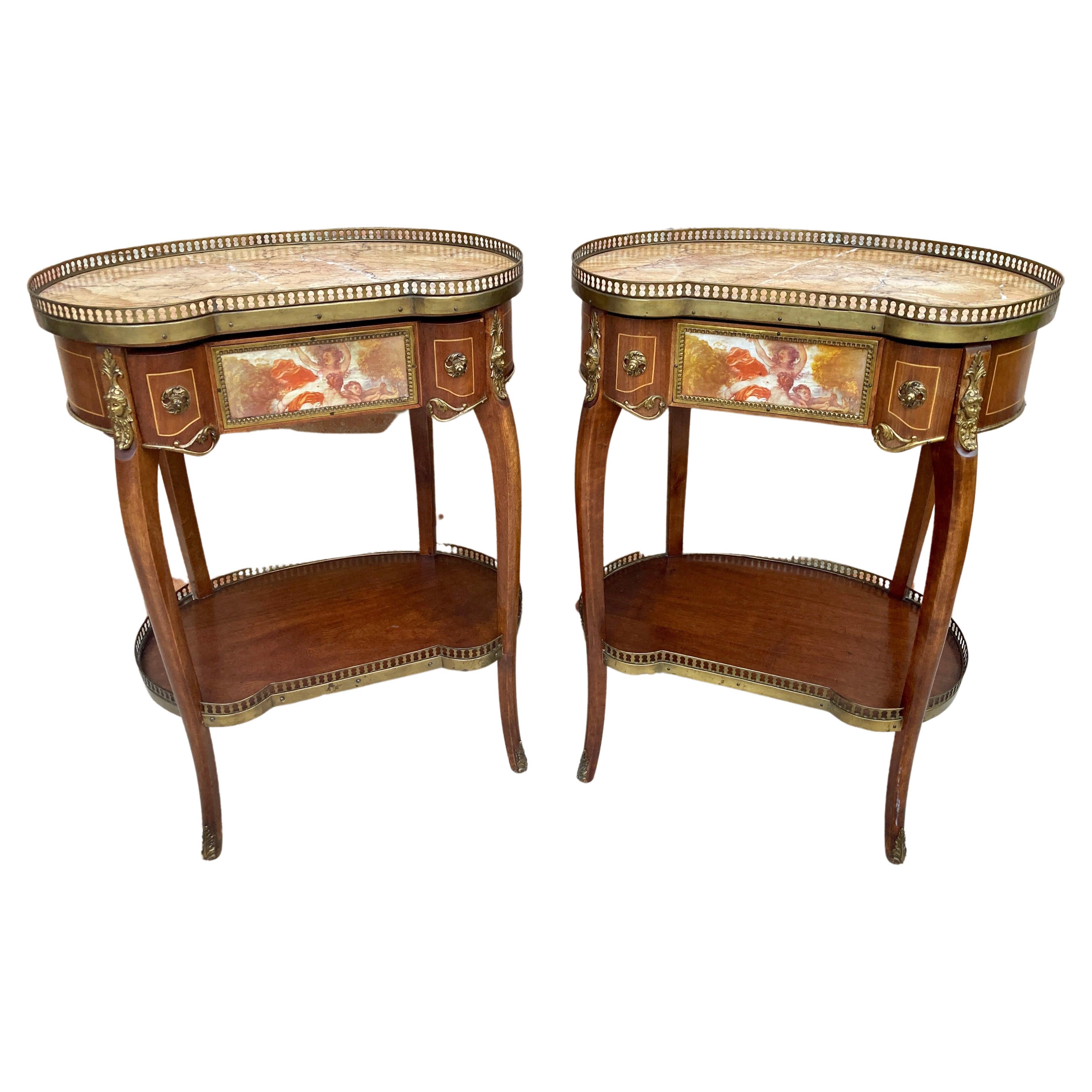 Carved Wood Kidney Shaped Bedside Tables with Bronze and Marble Top, Set of 2 For Sale