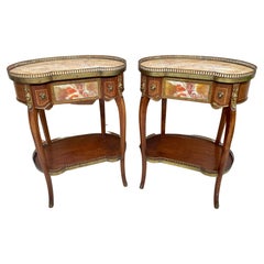Carved Wood Kidney Shaped Bedside Tables with Bronze and Marble Top, Set of 2