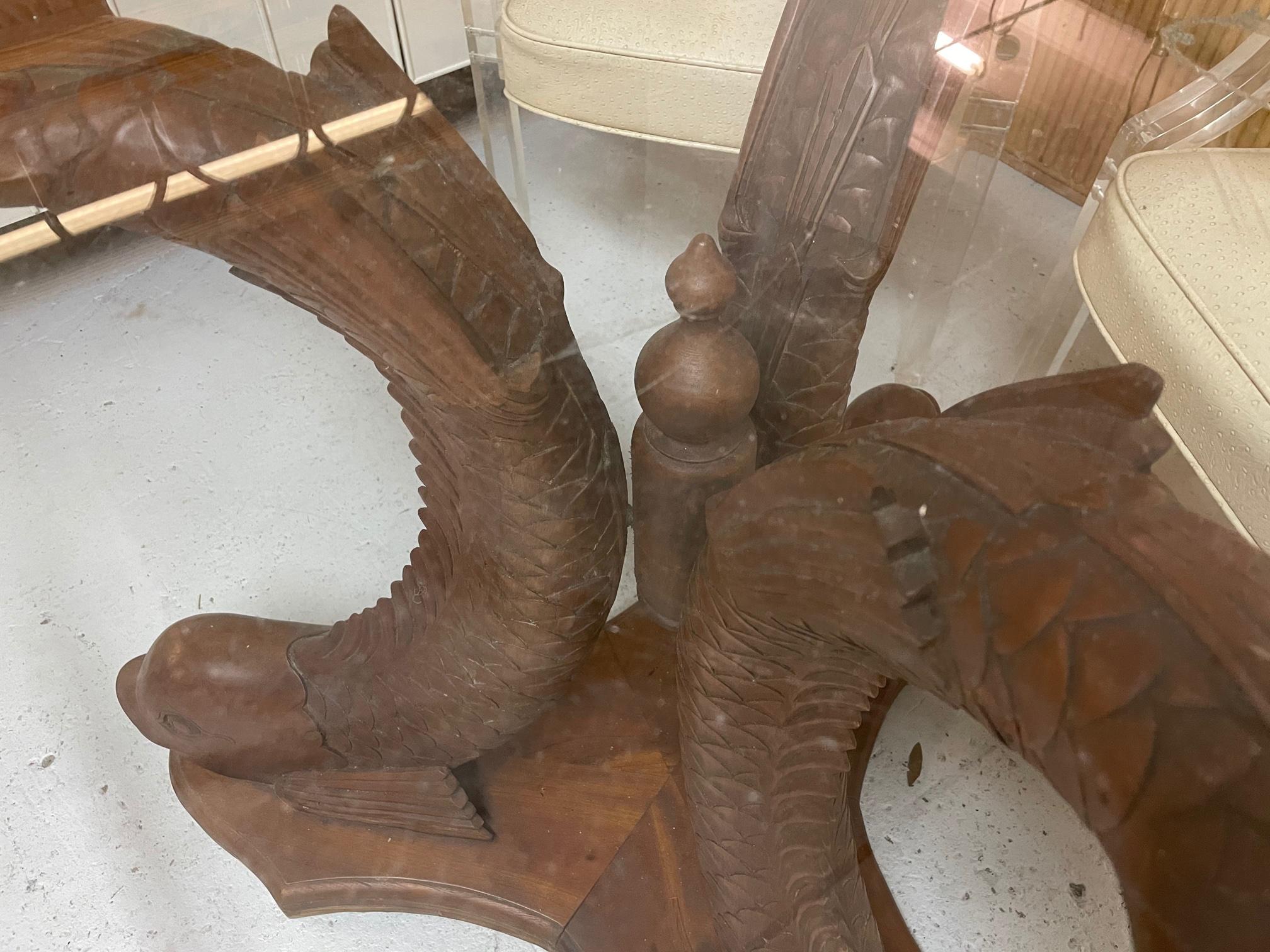 Carved Wood Koi Fish Pedestal Dining Table In Good Condition In Jacksonville, FL