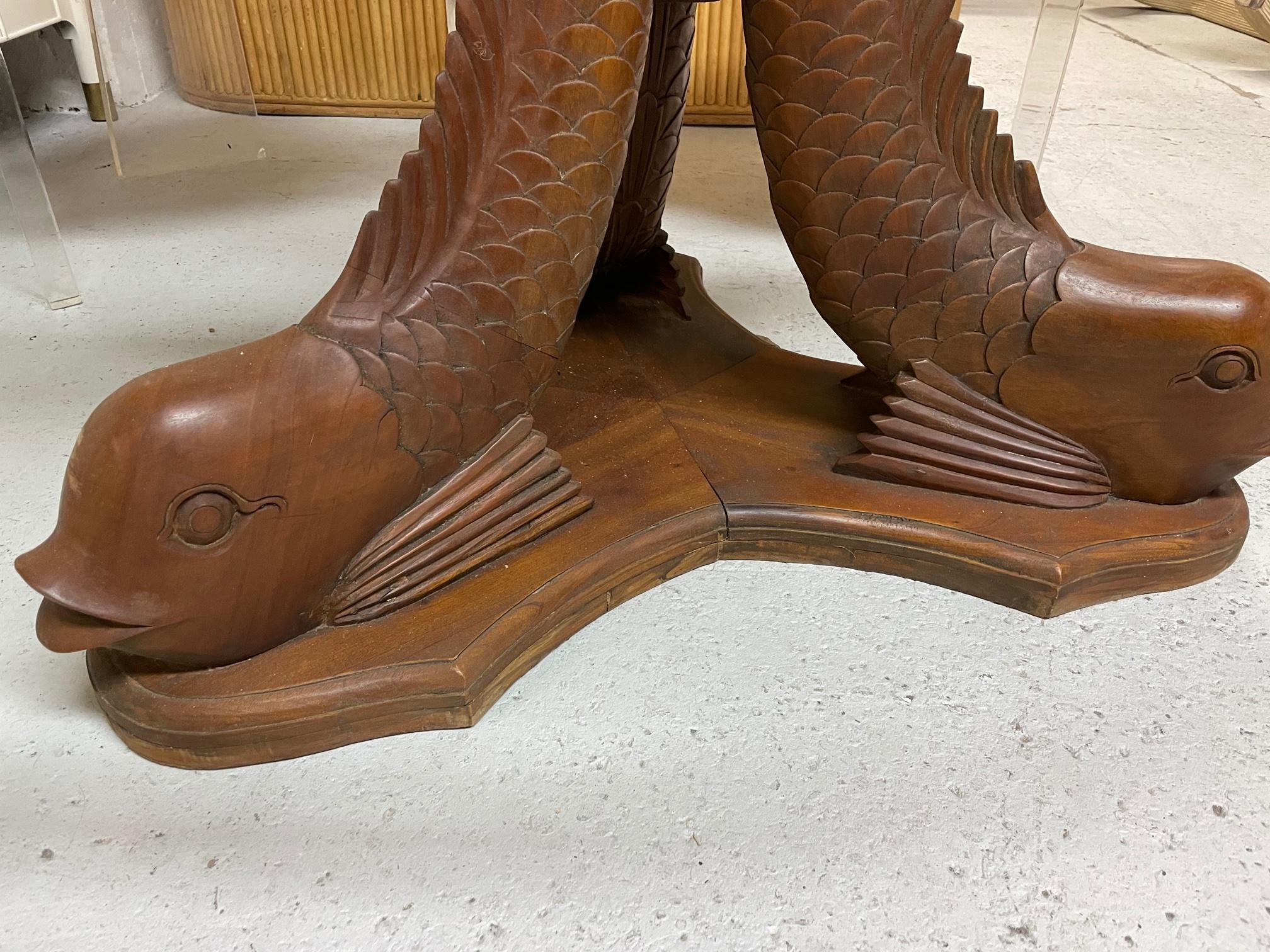 Hollywood Regency Carved Wood Koi Fish Pedestal Dining Table For Sale
