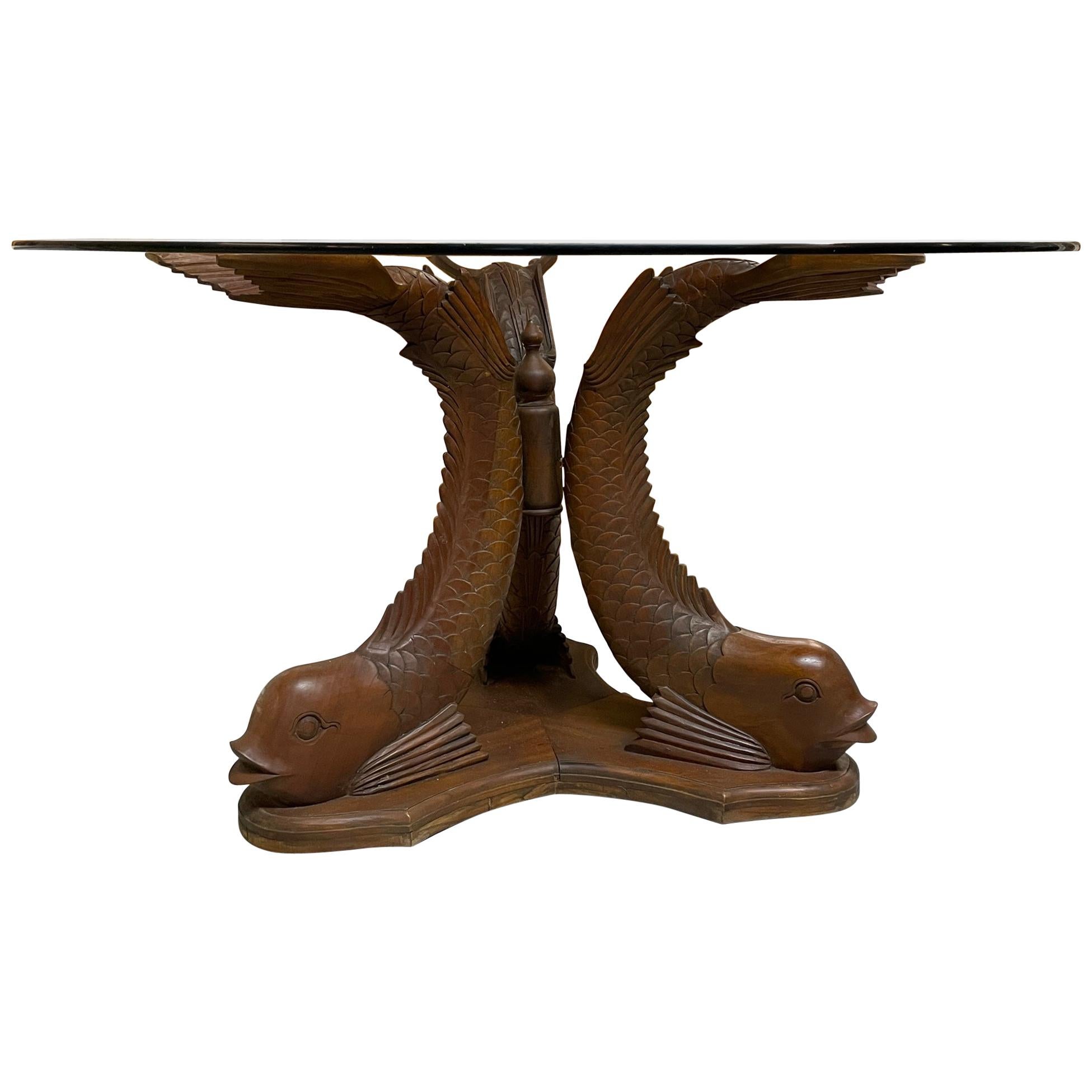 Carved Wood Koi Fish Pedestal Dining Table For Sale