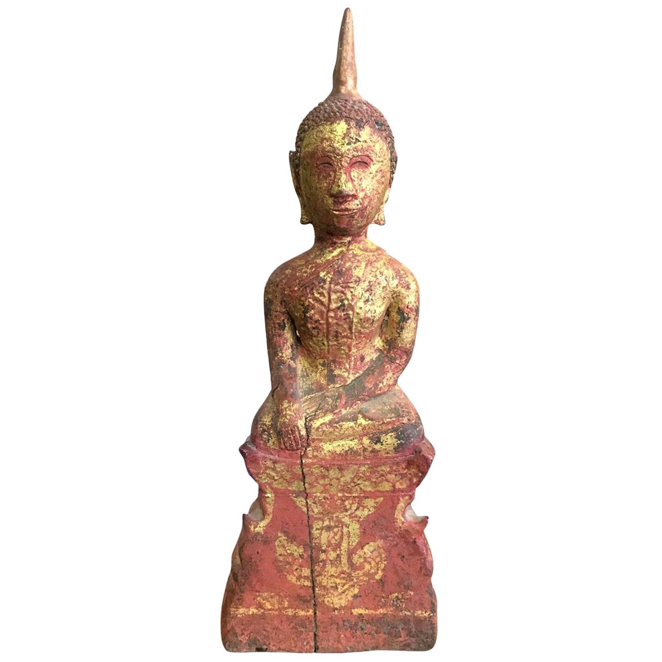 Carved Wood, Lacquered and Gilt Seated Asian Temple Shrine Buddha