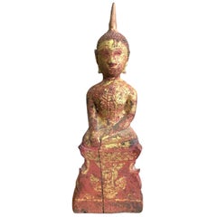 Carved Wood, Lacquered and Gilt Seated Asian Temple Shrine Buddha