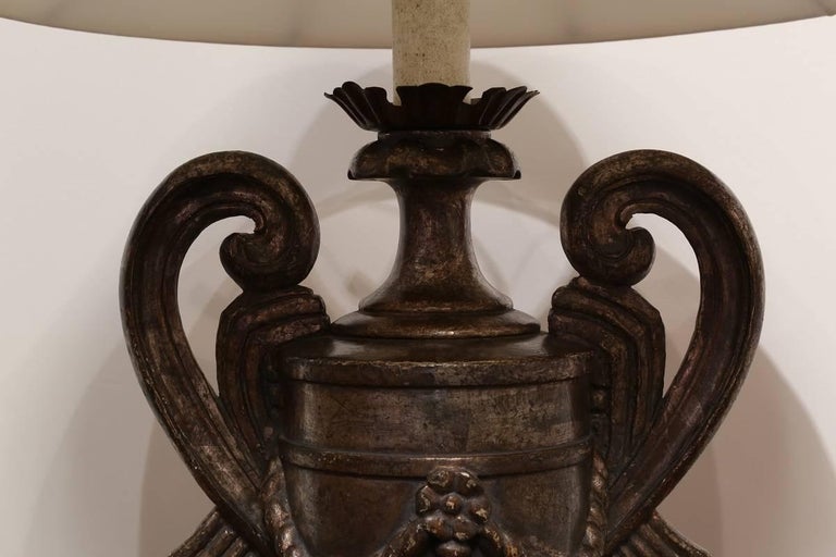 Carved Wood Lamp Vase Design with Antique Silver Finish For Sale 7