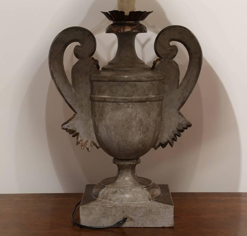 20th Century Carved Wood Lamp Vase Design with Antique Silver Finish For Sale