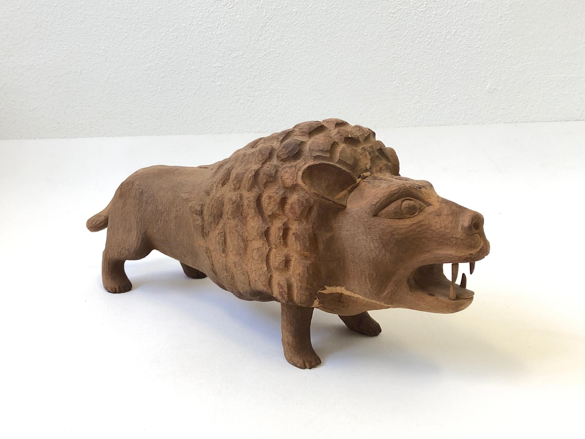 Mid-Century Modern Carved Wood Lion Sculpture in the Manner of Evelyn Ackerman For Sale