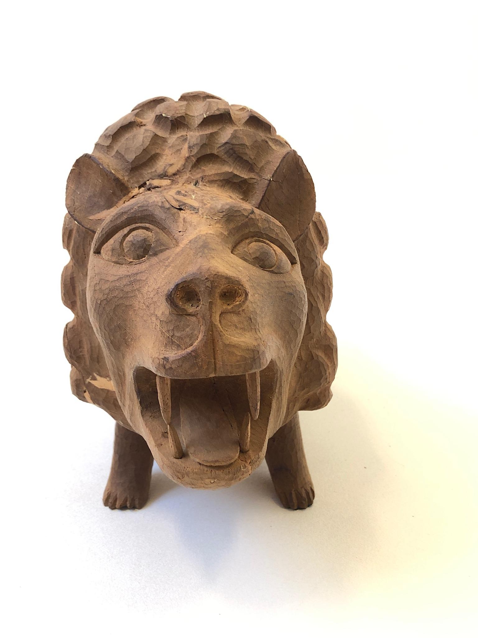Late 20th Century Carved Wood Lion Sculpture in the Manner of Evelyn Ackerman For Sale