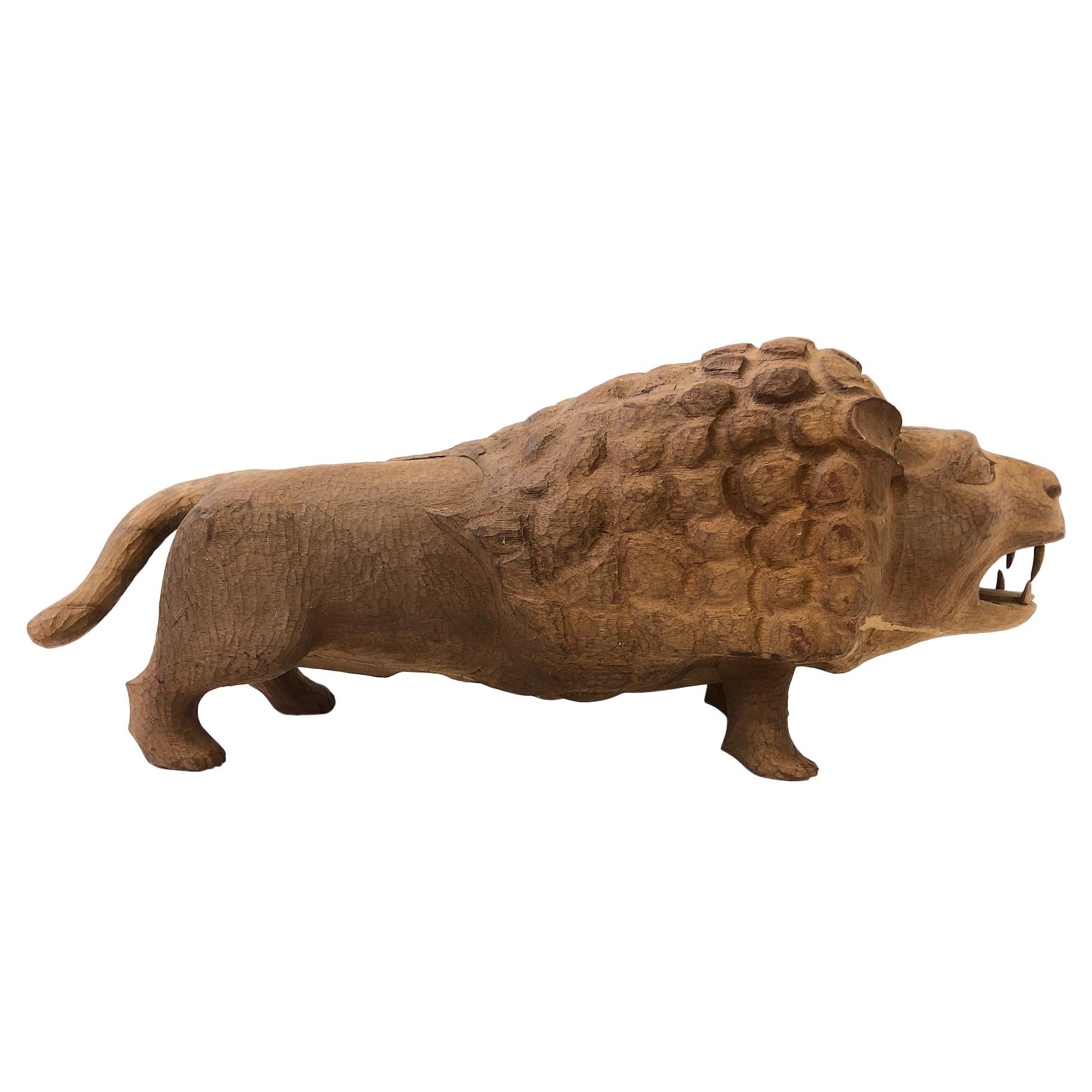 Carved Wood Lion Sculpture in the Manner of Evelyn Ackerman