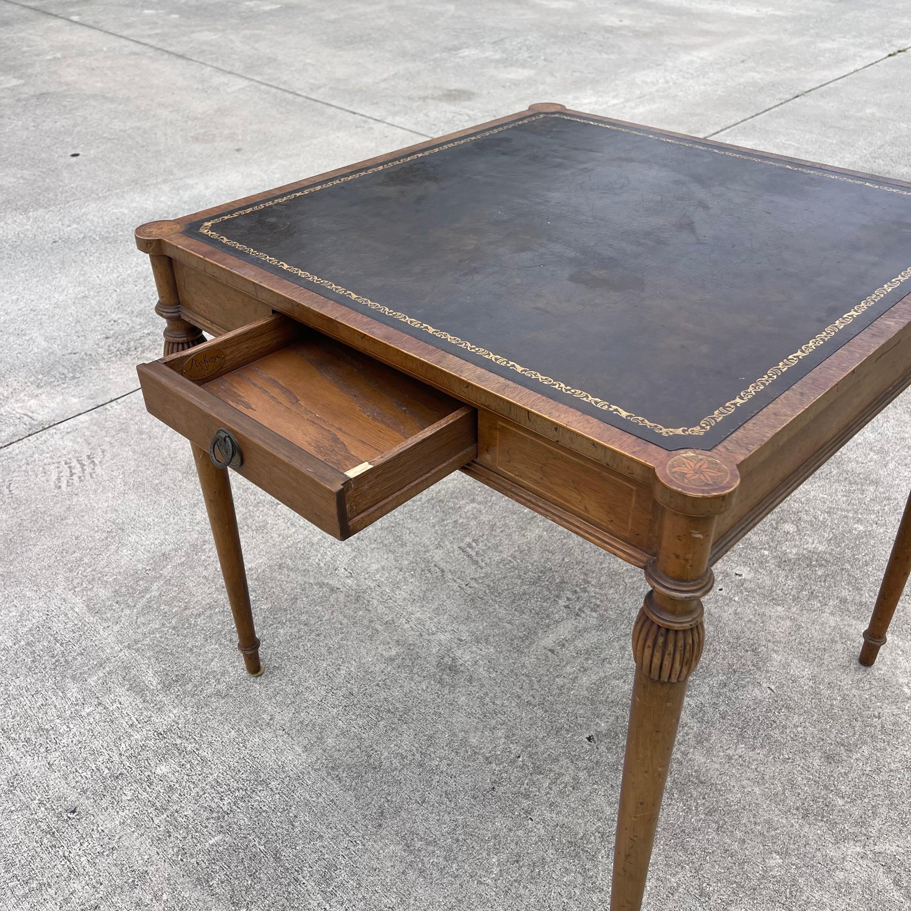 Carved Wood, Marquetry Inlaid, Tooled Leather Top Card Game Table w/ Drawers For Sale 6