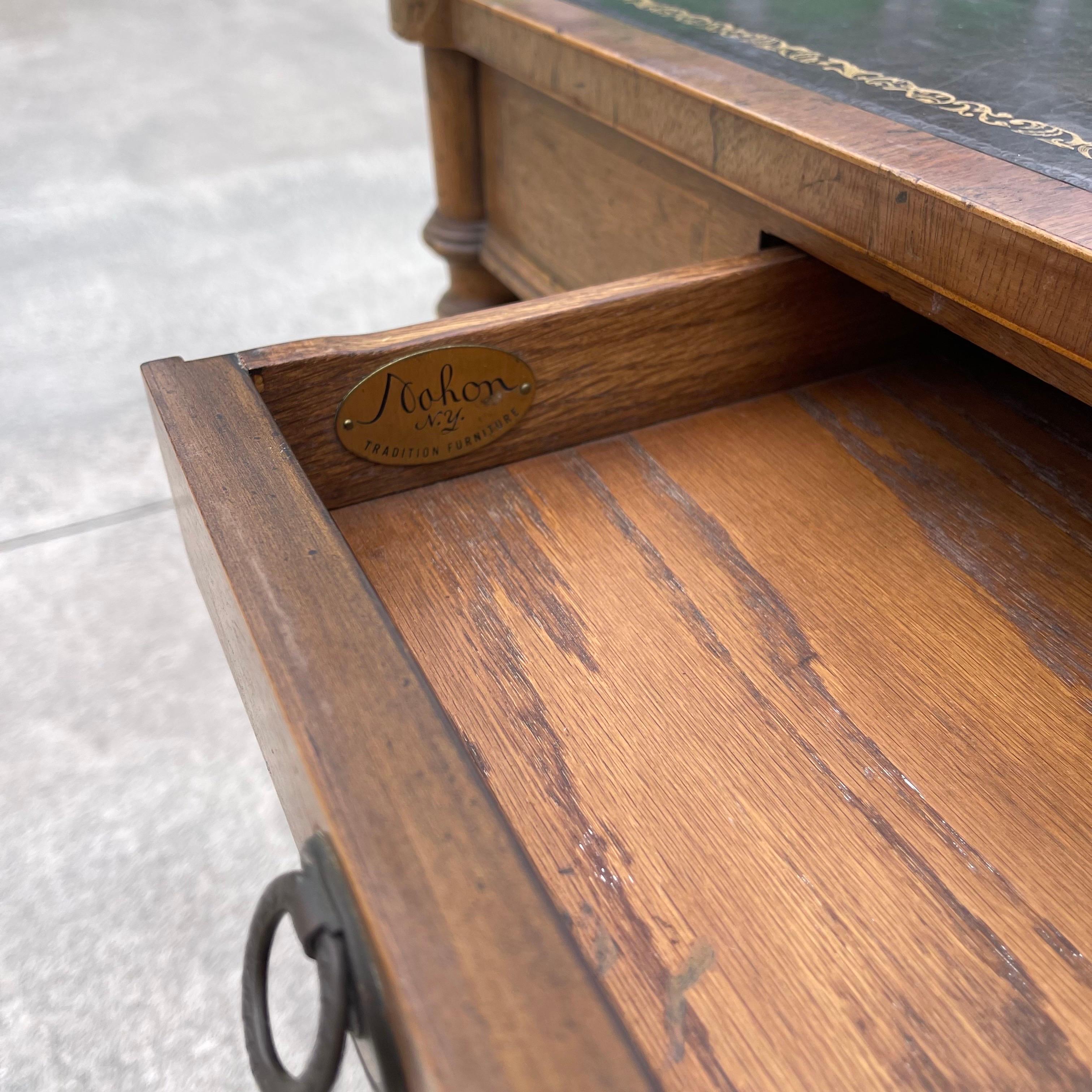 Carved Wood, Marquetry Inlaid, Tooled Leather Top Card Game Table w/ Drawers For Sale 7