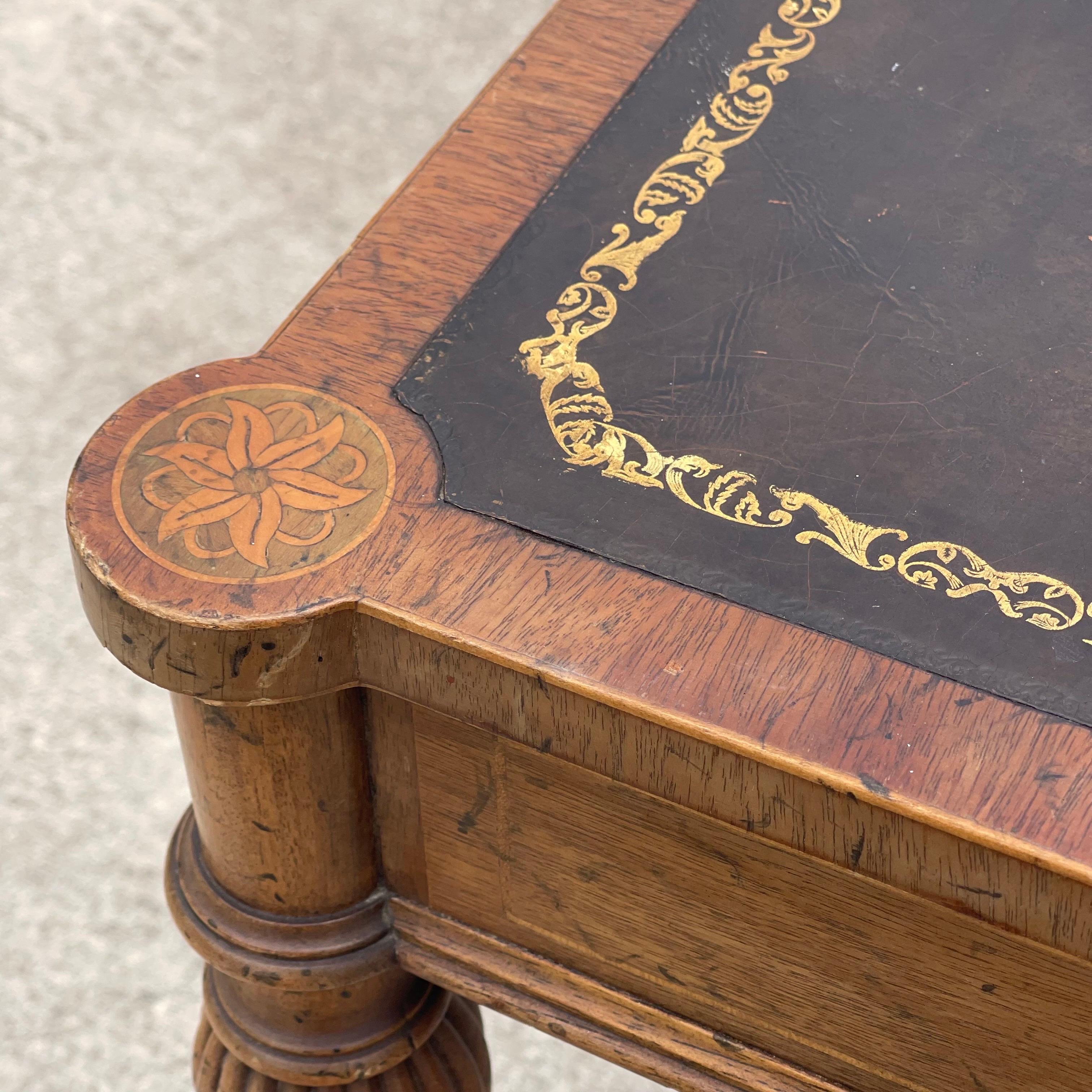 Carved Wood, Marquetry Inlaid, Tooled Leather Top Card Game Table w/ Drawers For Sale 9