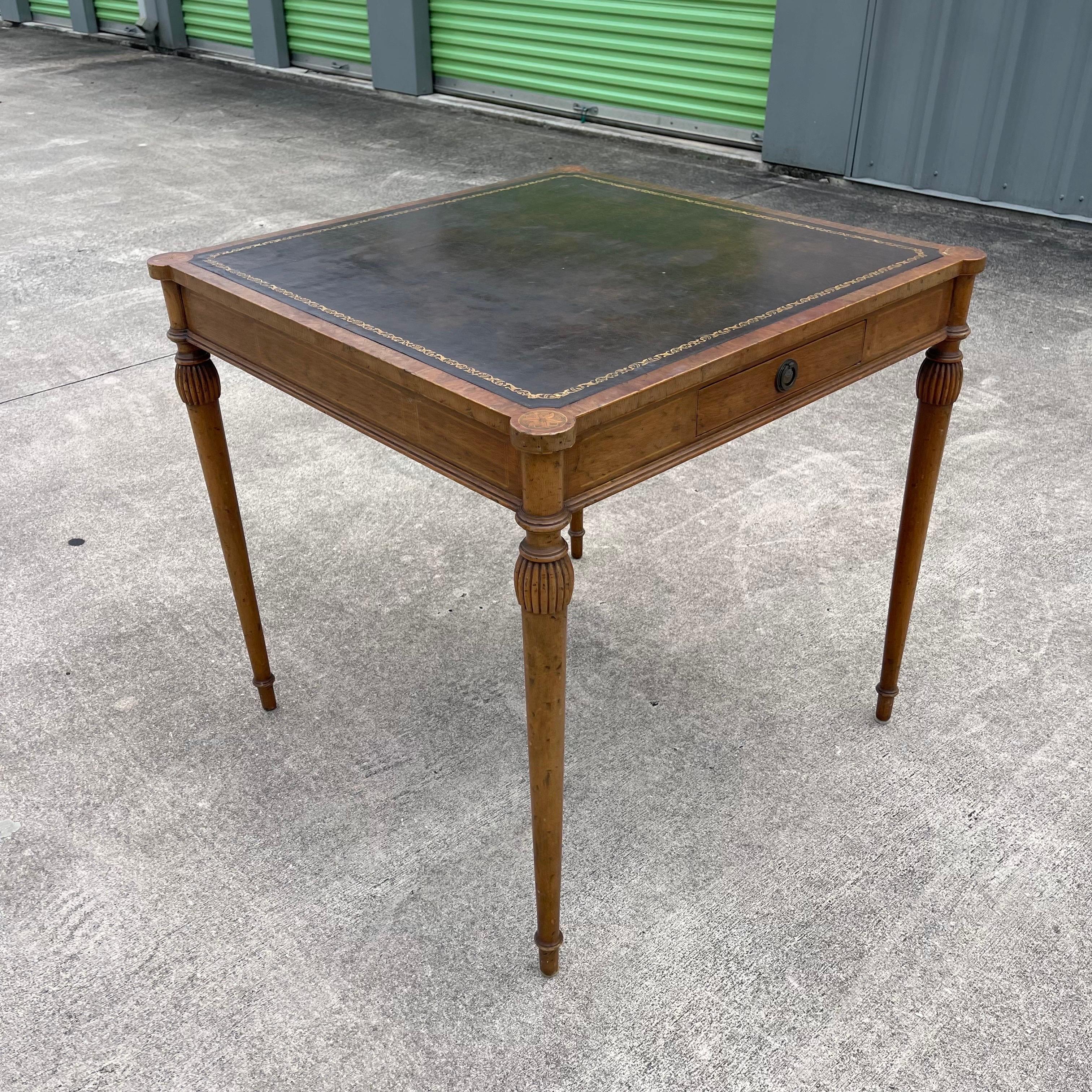 Carved Wood, Marquetry Inlaid, Tooled Leather Top Card Game Table w/ Drawers For Sale 10