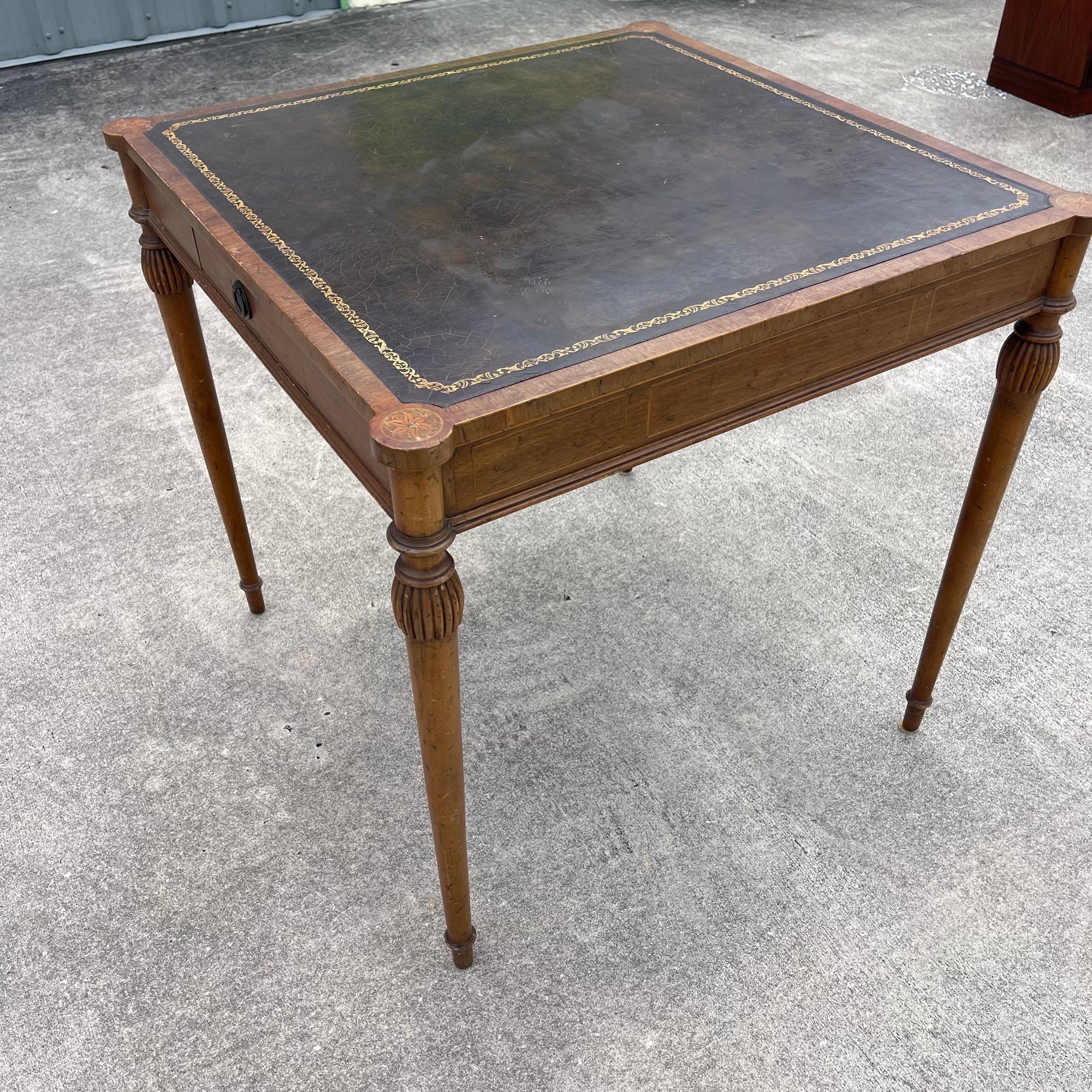 Carved Wood, Marquetry Inlaid, Tooled Leather Top Card Game Table w/ Drawers For Sale 11