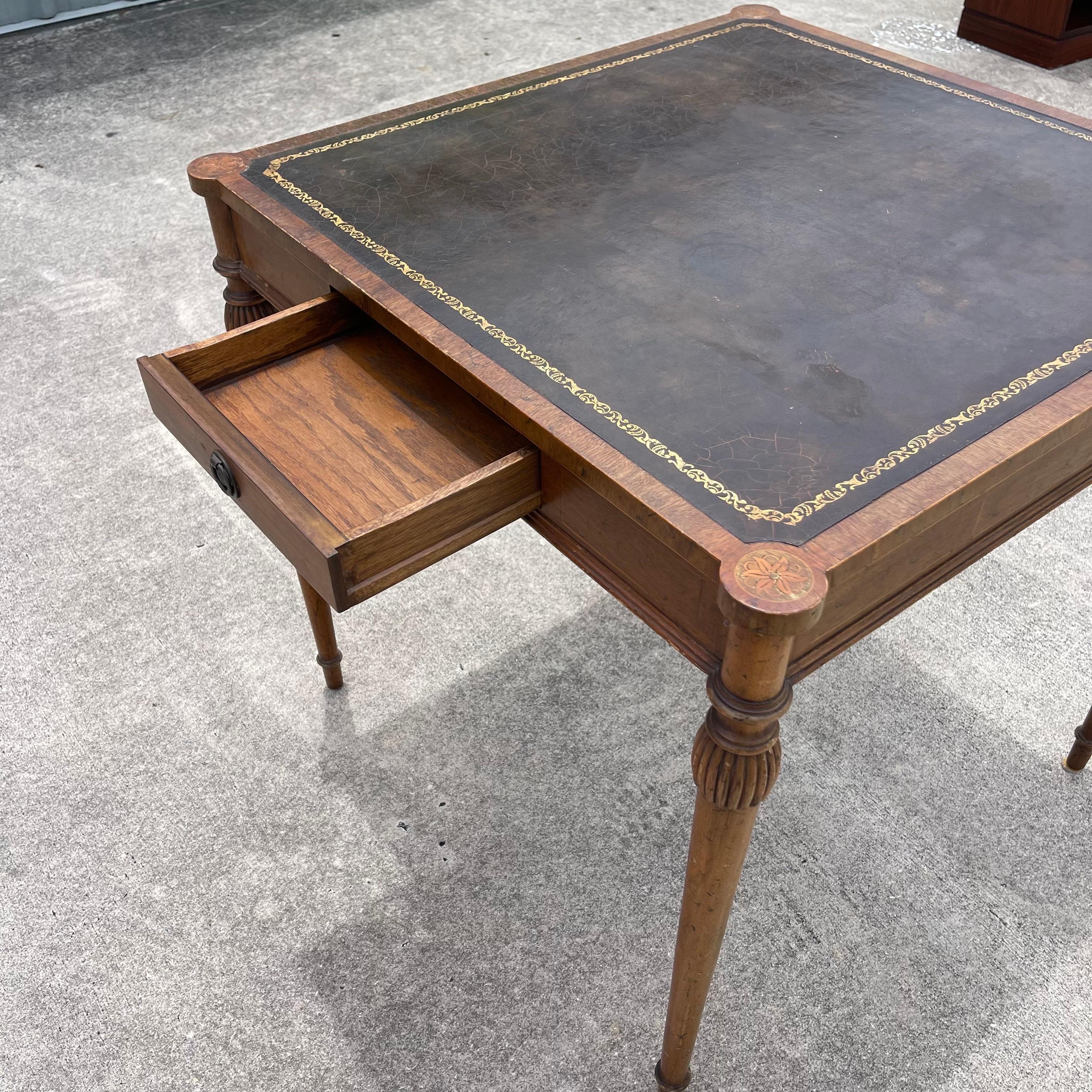 Carved Wood, Marquetry Inlaid, Tooled Leather Top Card Game Table w/ Drawers For Sale 12