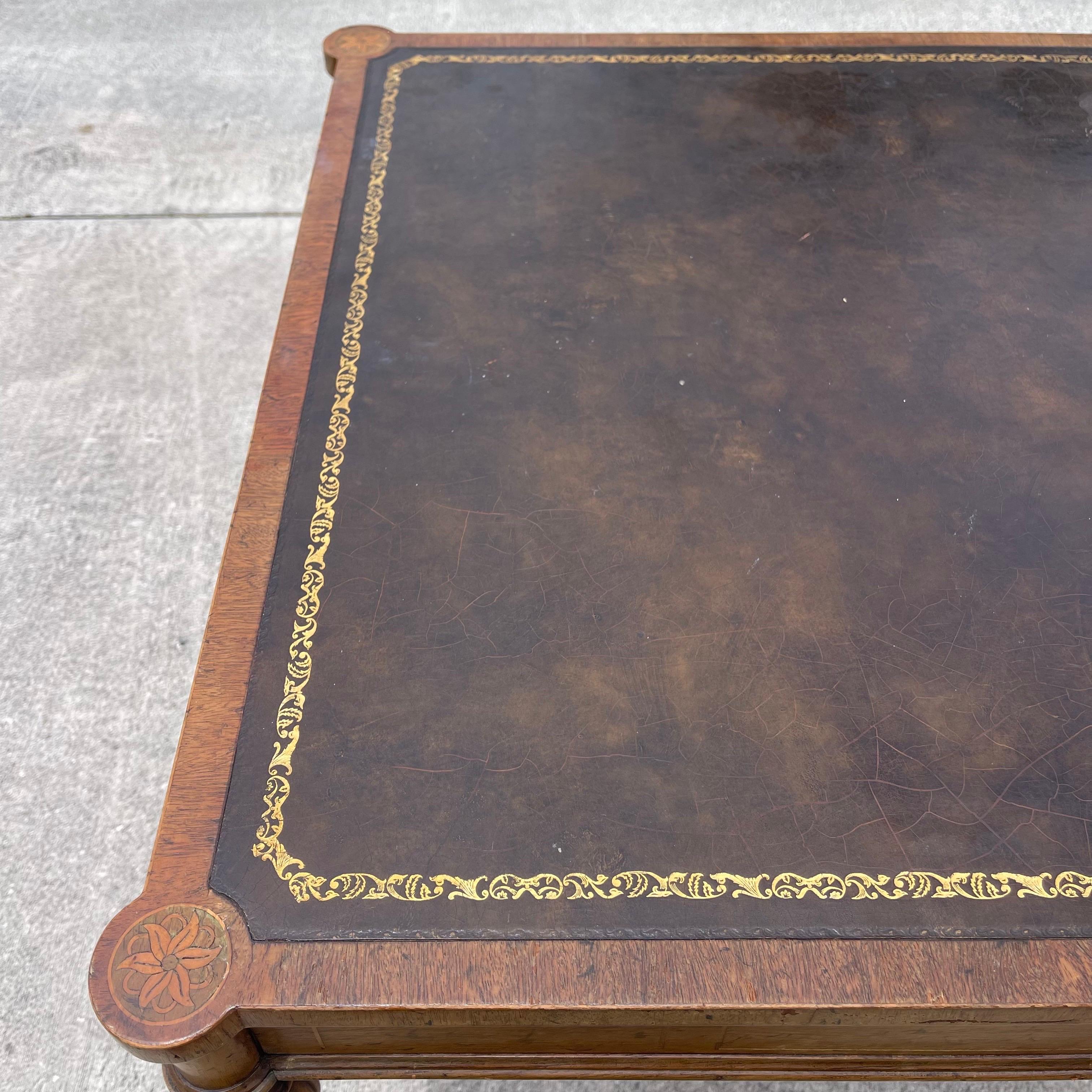 Carved Wood, Marquetry Inlaid, Tooled Leather Top Card Game Table w/ Drawers In Good Condition For Sale In Jensen Beach, FL